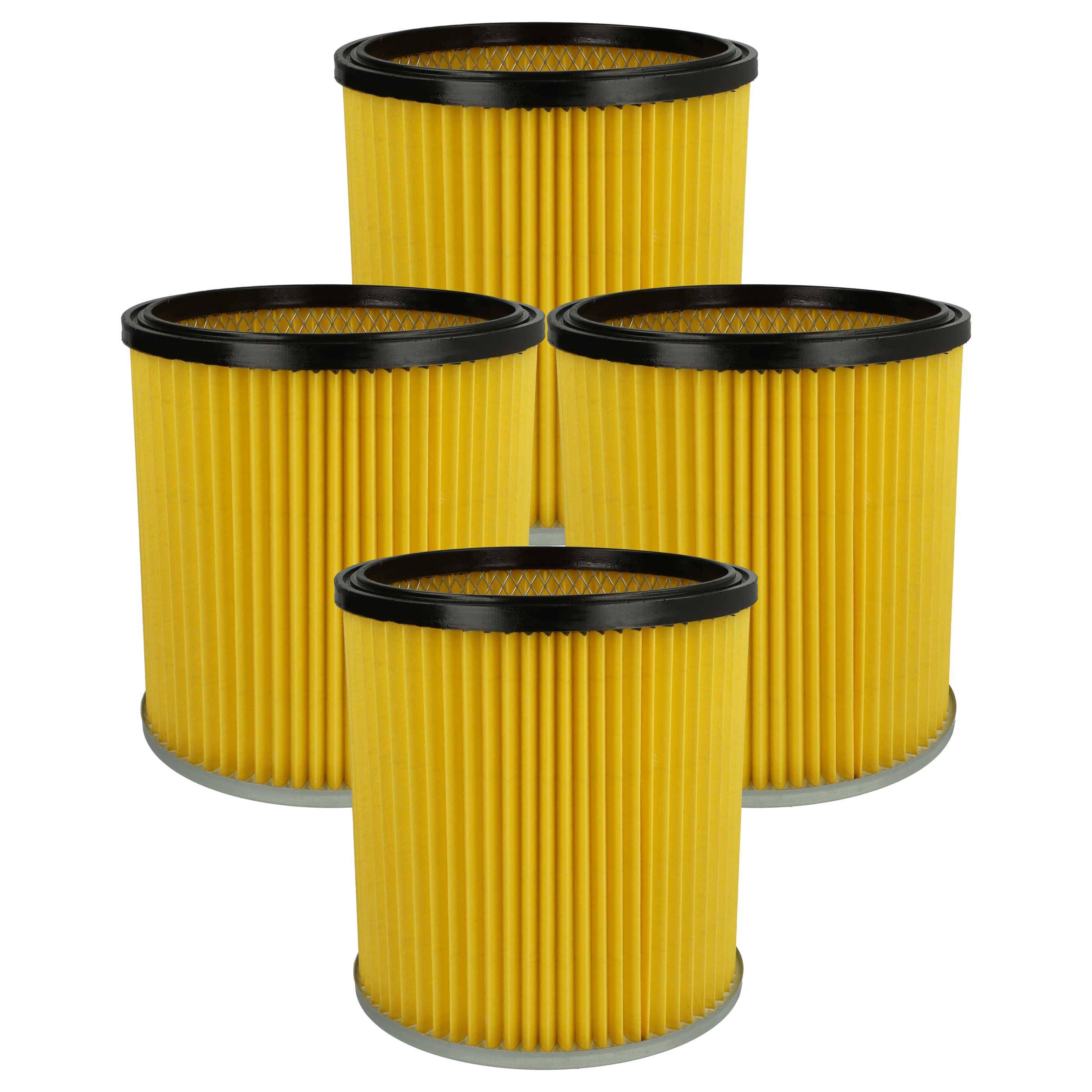 Vier zylindrische Luftfilter mit gelben gefalteten Oberflächen und schwarzen Kanten, die in einer quadratischen Anordnung platziert sind.