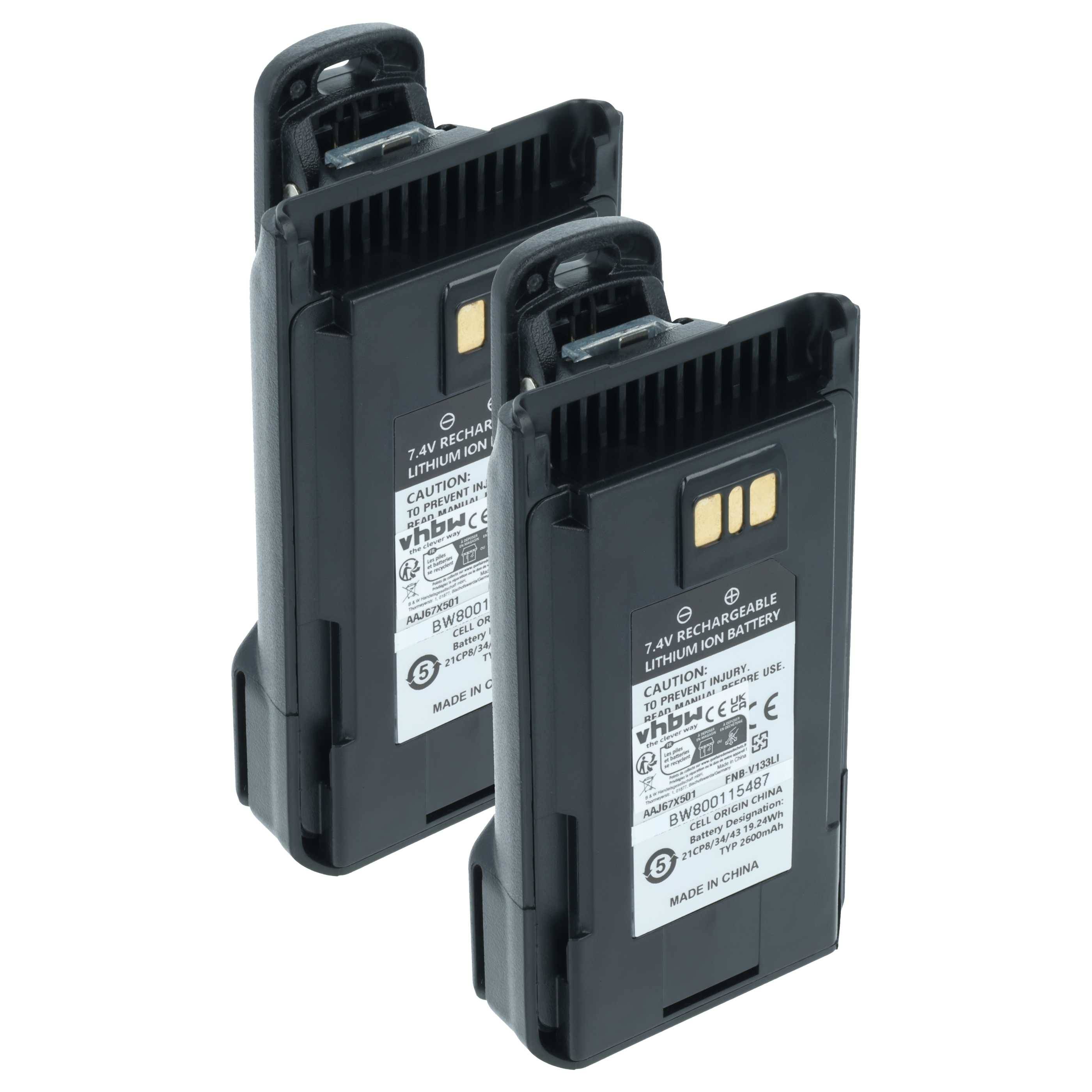 Zwei identische schwarze Lithium-Ionen-Akkus, aufrecht stehend, mit Etiketten versehen, die Sicherheitshinweise und Spezifikationen zeigen.