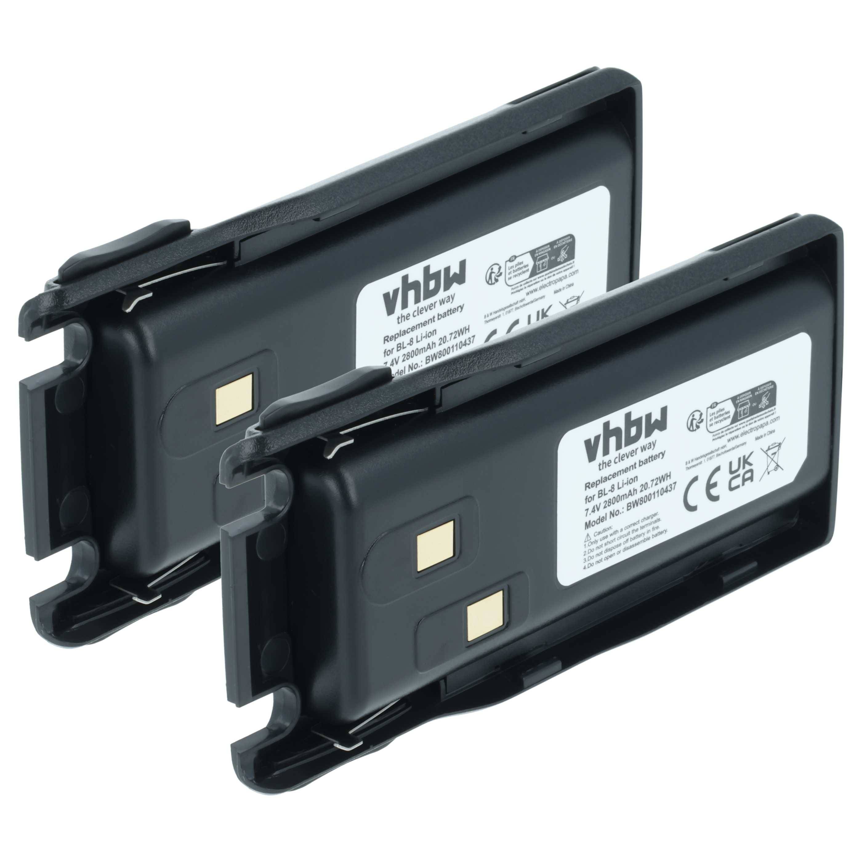 Zwei schwarze vhbw Lithium-Ionen-Akkus, von hinten gezeigt, mit Produktinformationen und Zertifizierungen beschriftet, geeignet für tragbare Geräte.