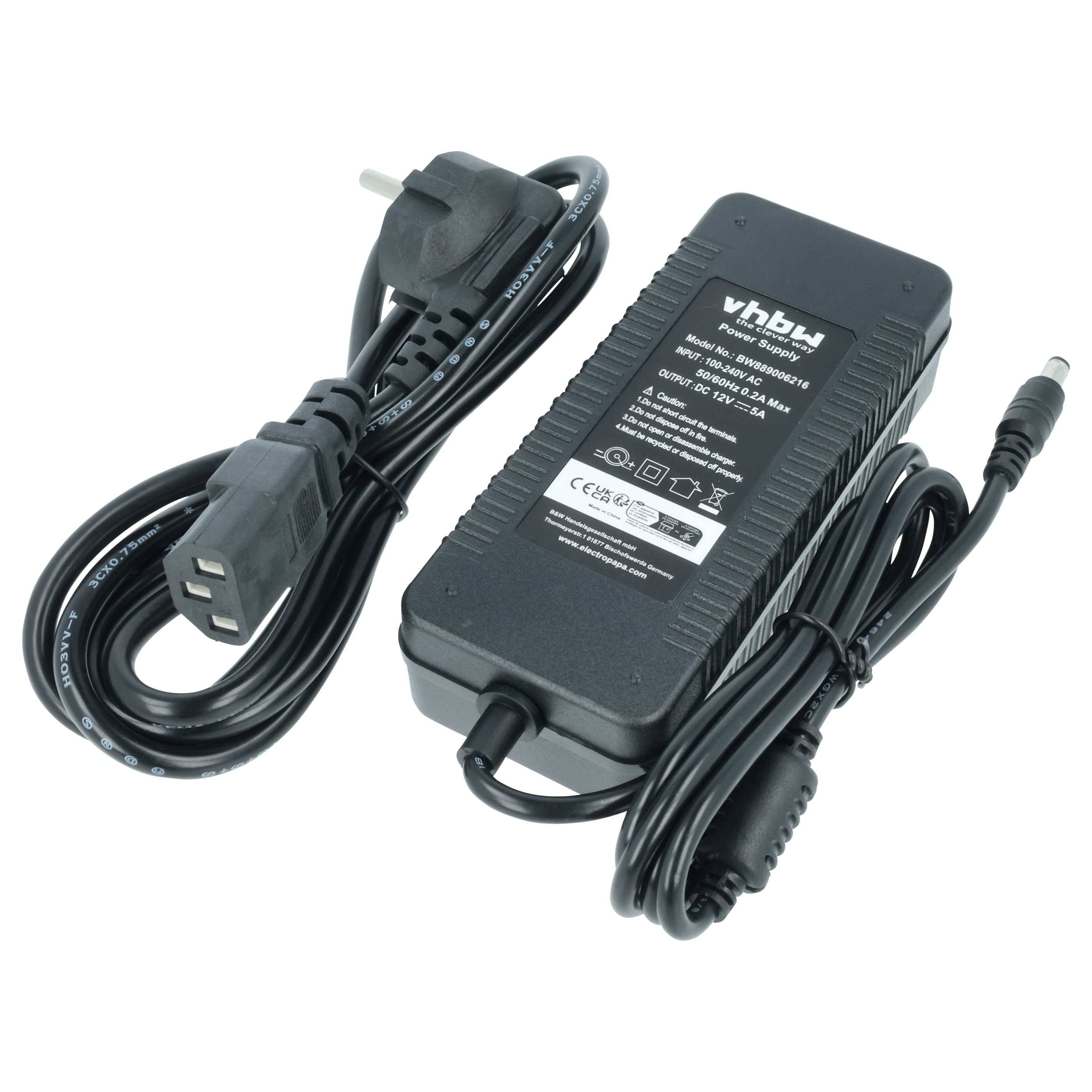 Ein schwarzes Netzteil für den Asus Eee PC mit angeschlossenen Kabeln. Notiz auf dem Adapter lautet: „Interessiert an IT? Besuchen Sie www.vhbw.de.