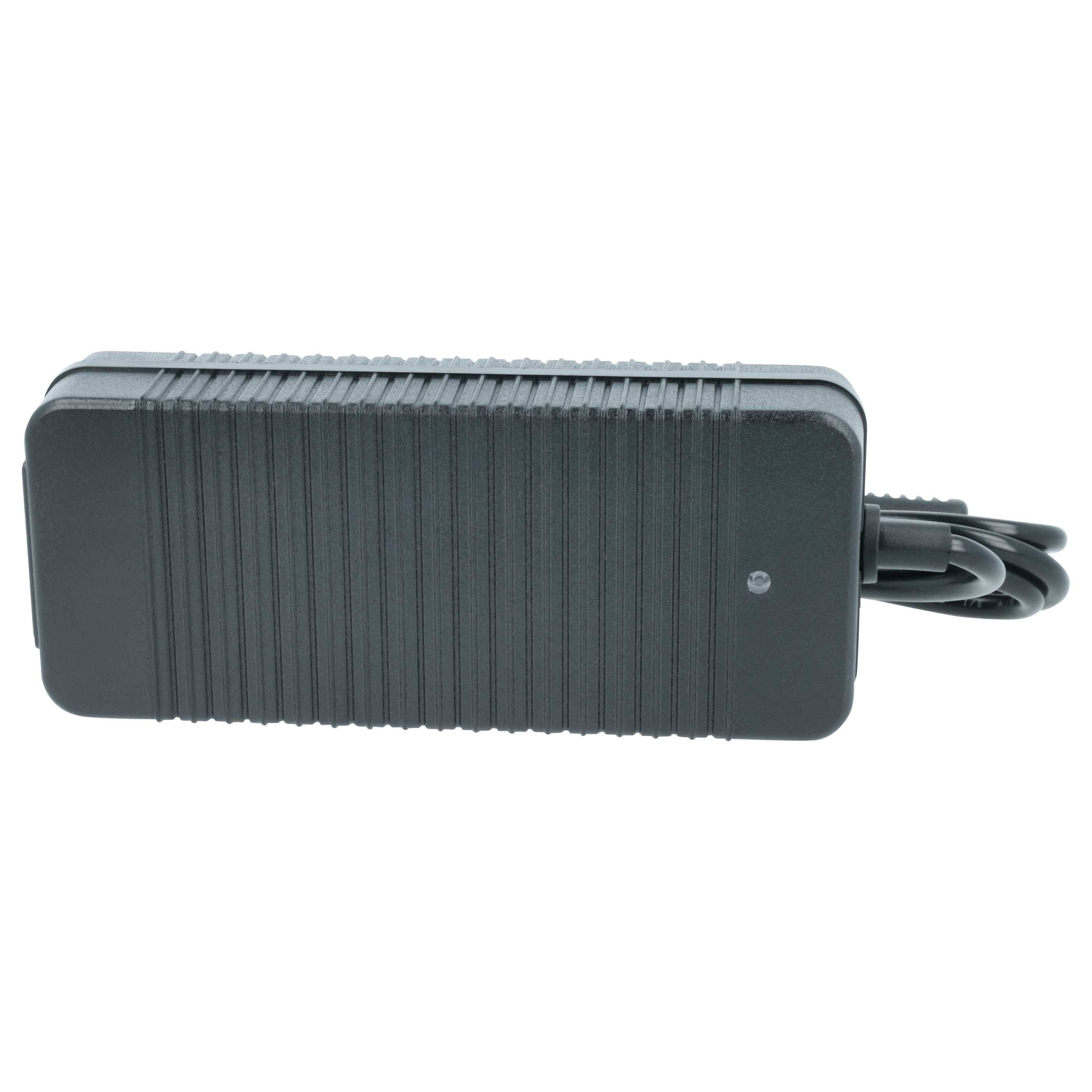 Ein rechteckiger schwarzer Netzadapter mit gerippter Oberfläche, von oben gezeigt. Ein Kabel ist an einem Ende angeschlossen.
