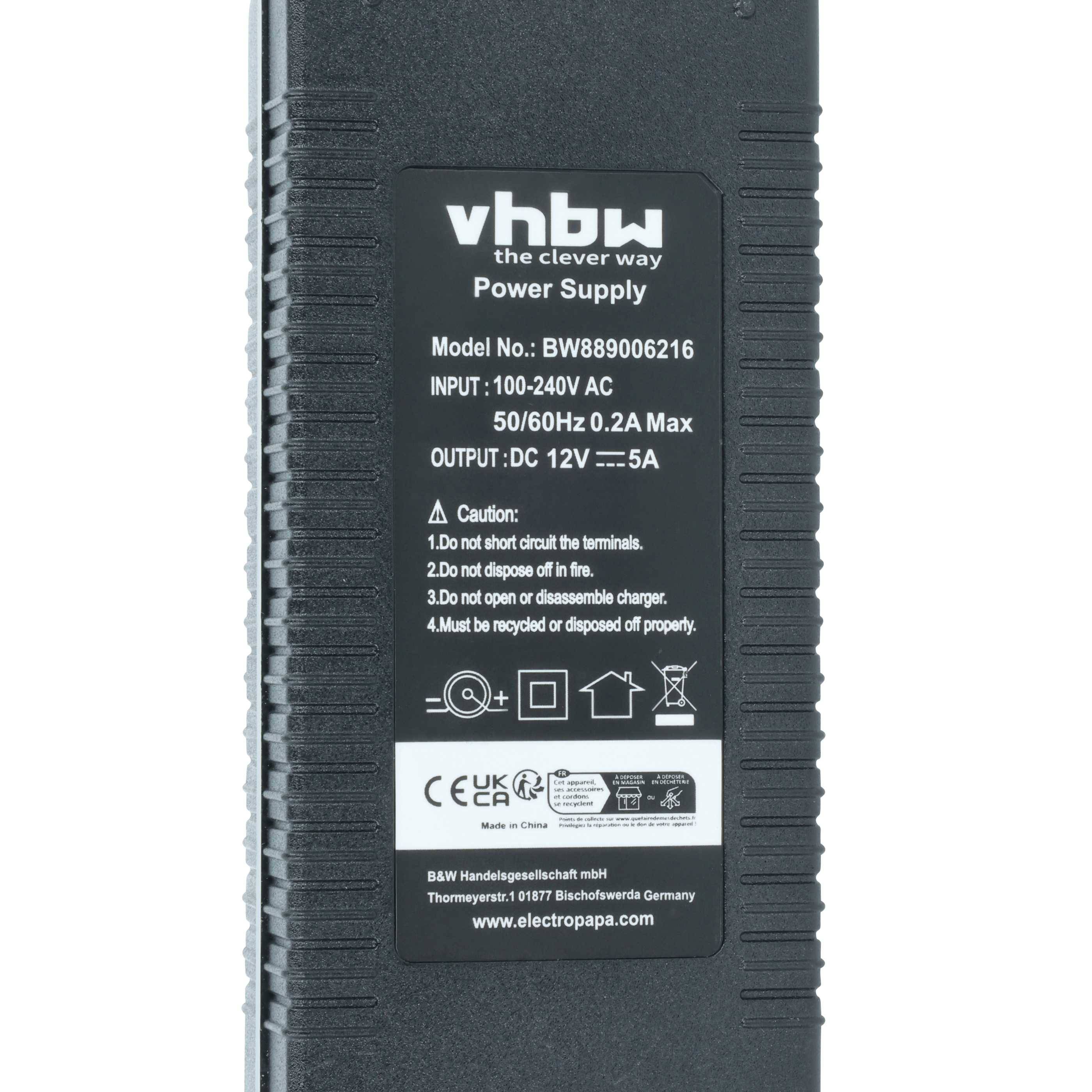 Eine schwarze Netzteilbeschriftung zeigt 'vhbw die clevere Art', Modellnummer BWB88906216, mit Eingangsspannung 100-240V AC und Ausgangsspannung 12V.