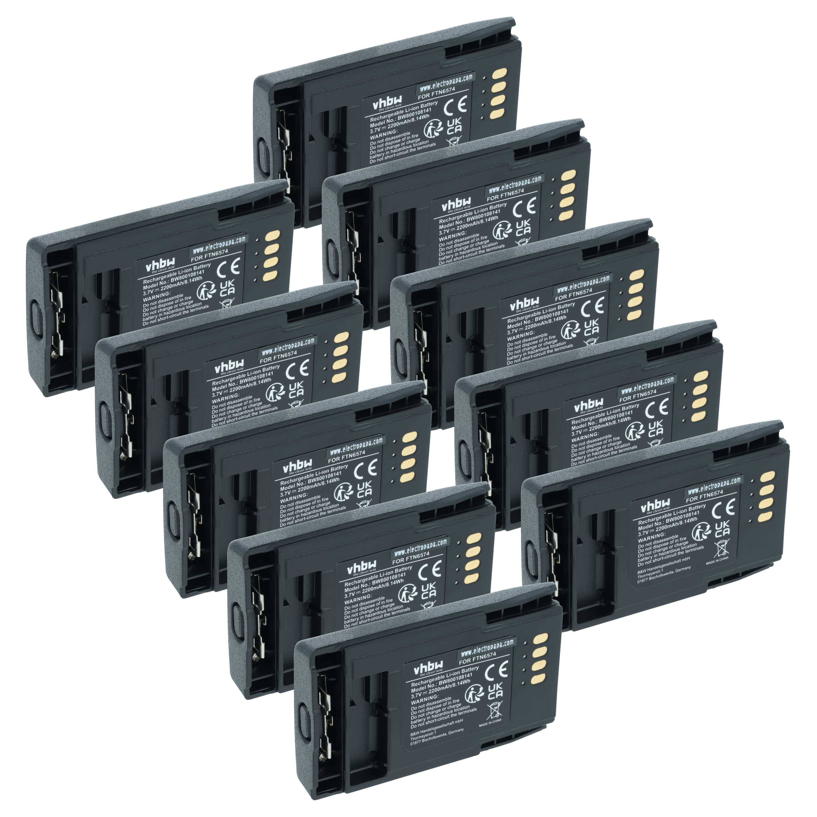 vhbw 10x Akku Ersatz für Motorola AP-6574, PMNN4351, FTN6574BC, FTN6574A, FTN6574 für Funkgerät, Walkie Talkie (2200 mAh, 3,7 V, Li-Ion)