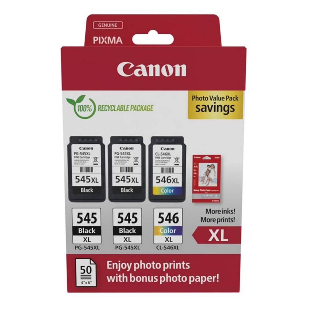 Canon PIXMA Original Foto Value Pack enthält drei schwarze Tintenpatronen, eine Farbpatrone und Fotopapier zum Drucken.