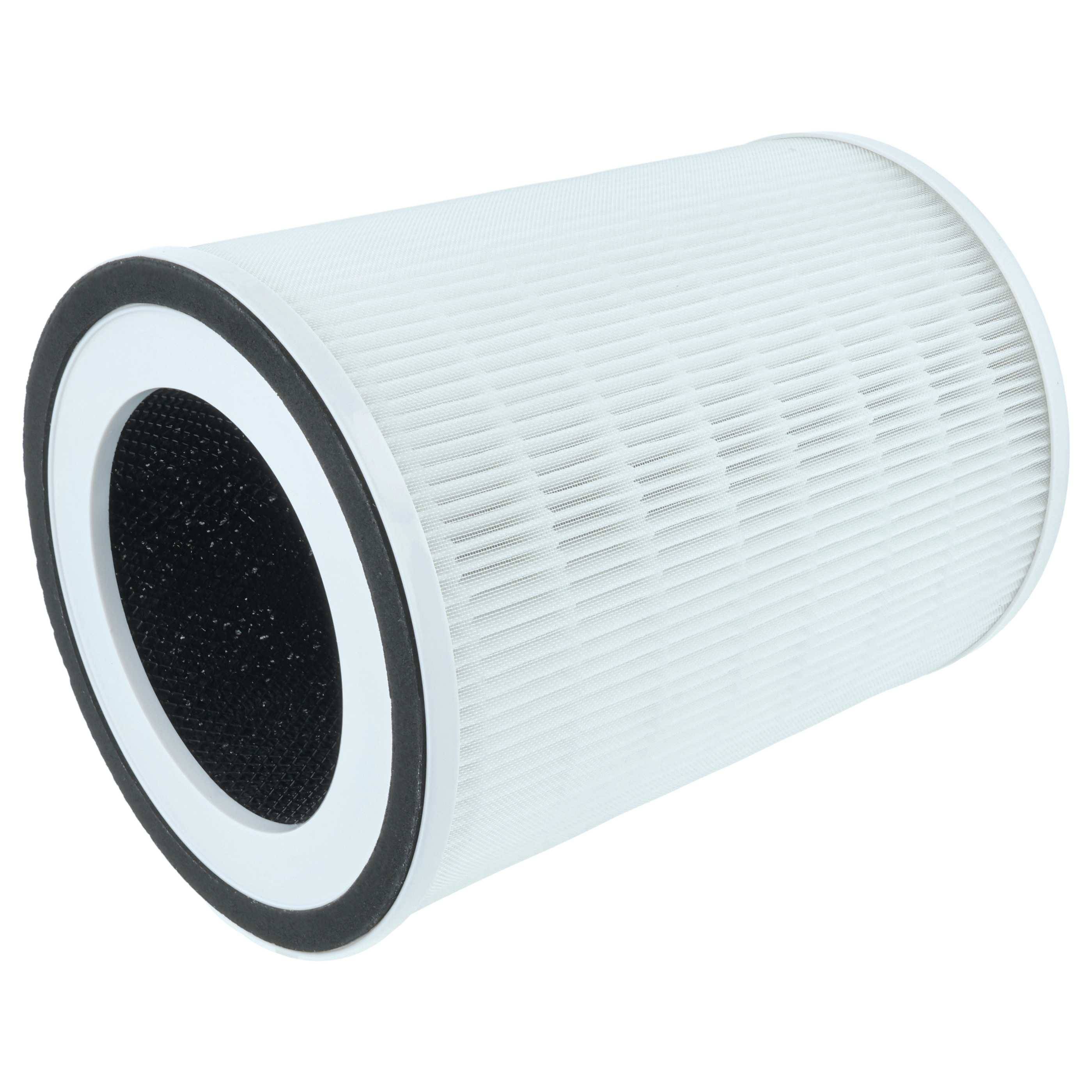 Ein zylindrischer weißer Luftfilter mit einem schwarzen Innenring, ausgestattet mit gefalteten Papierlagen zur Partikelfilterung.