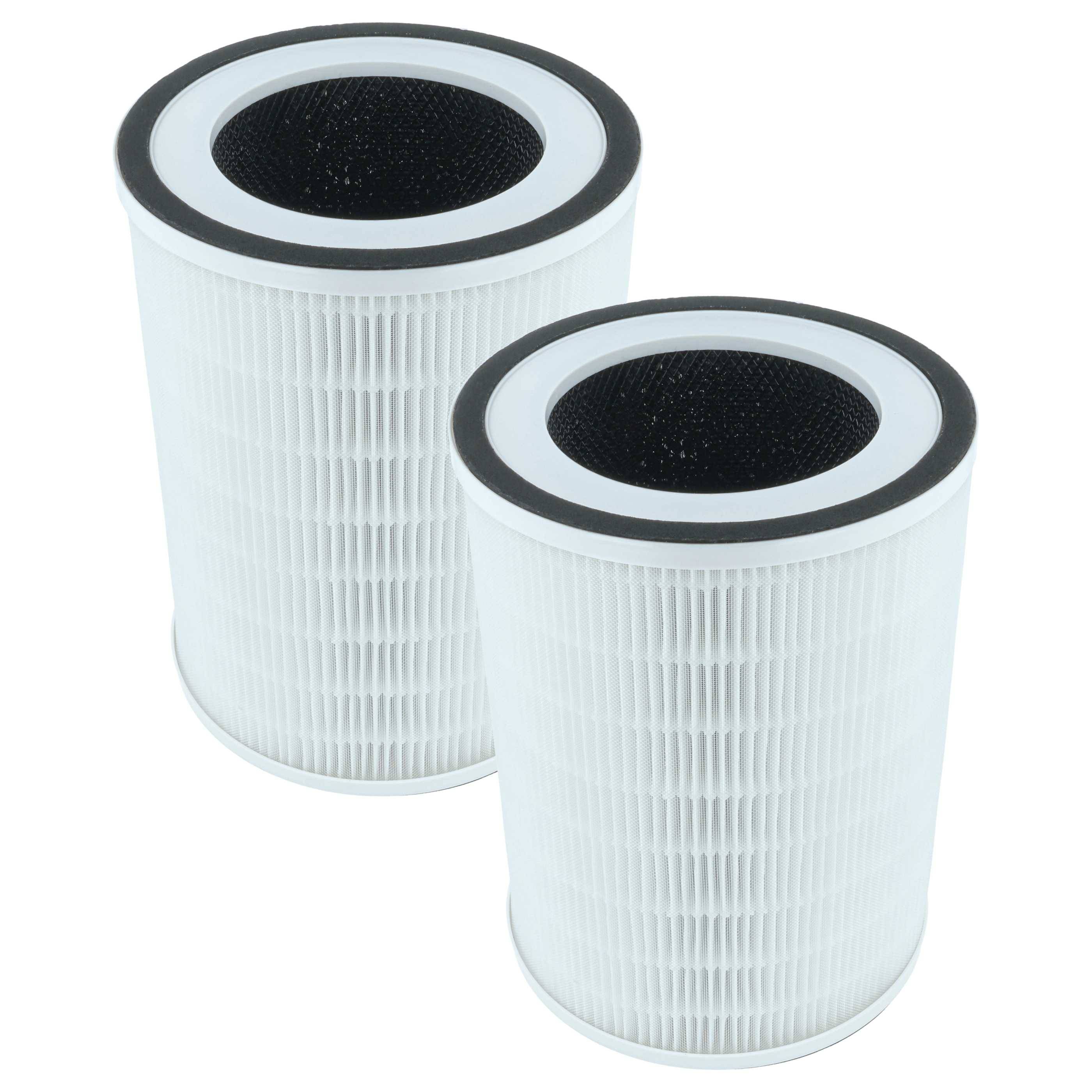 Zwei zylindrische Luftfilter mit weißen gefalteten Oberflächen und schwarzen inneren Auskleidungen sind nebeneinander vor einem einfachen Hintergrund angeordnet.