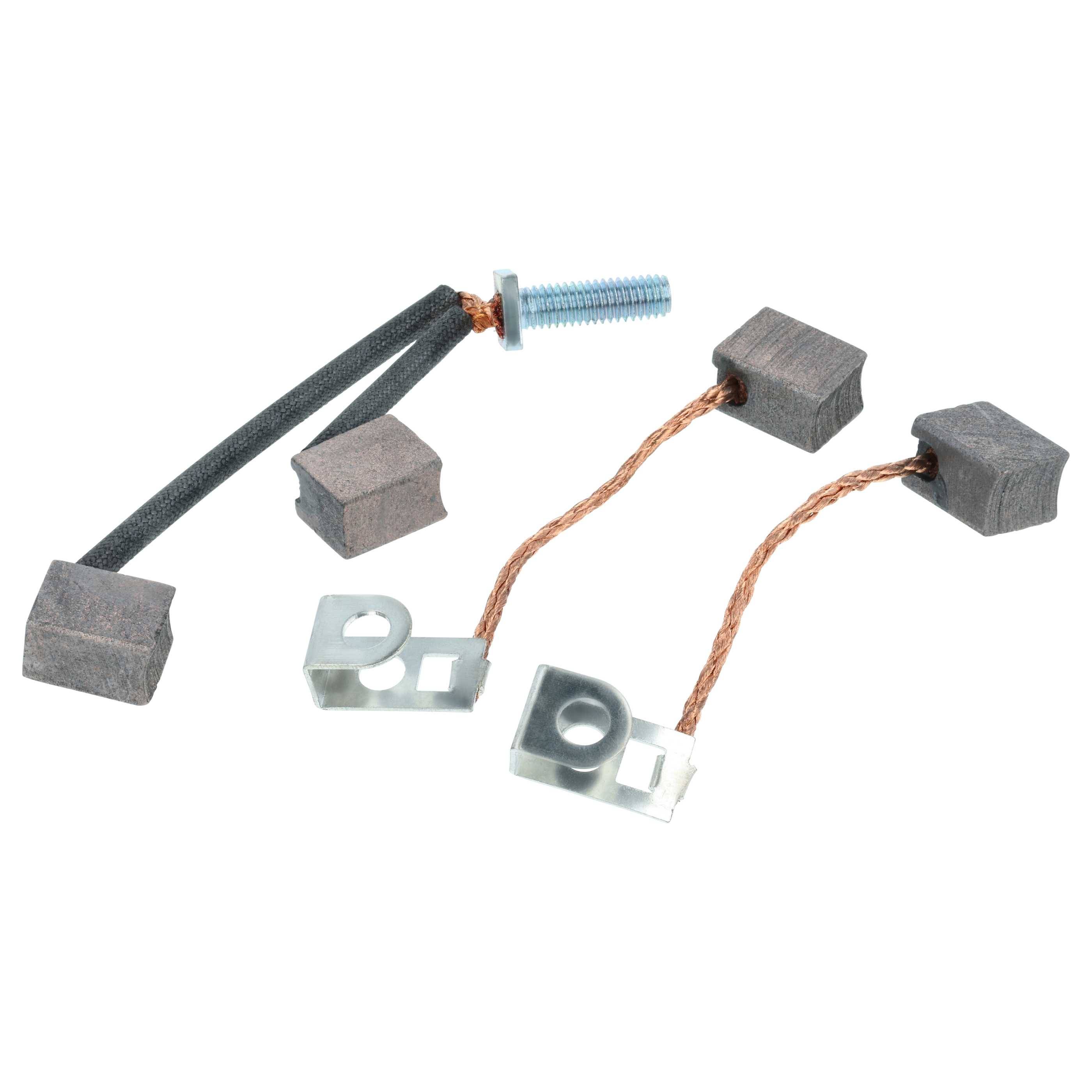 Satz von vier Kohlebürsten für Motoren mit Kupferdrähten und Metallhalterungen, verwendet zum Leiten von Elektrizität in Elektromotoren.