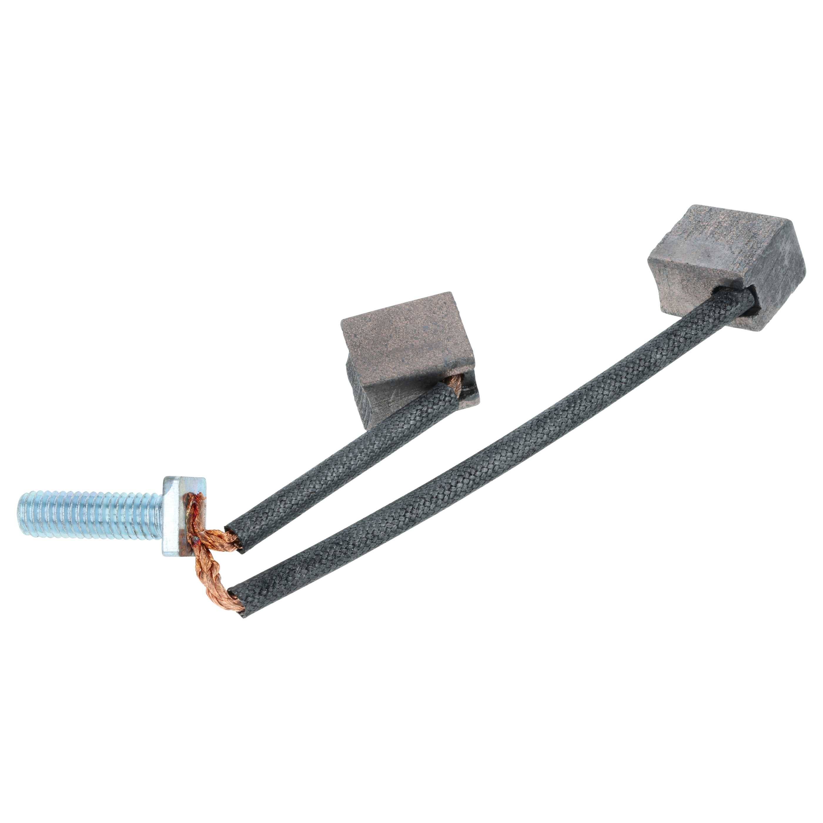 Zwei Kohlebürsten, die durch Kabel und einen Bolzen verbunden sind und in Elektromotoren zur Stromleitung zwischen stationären Drähten und beweglichen Teilen verwendet werden.