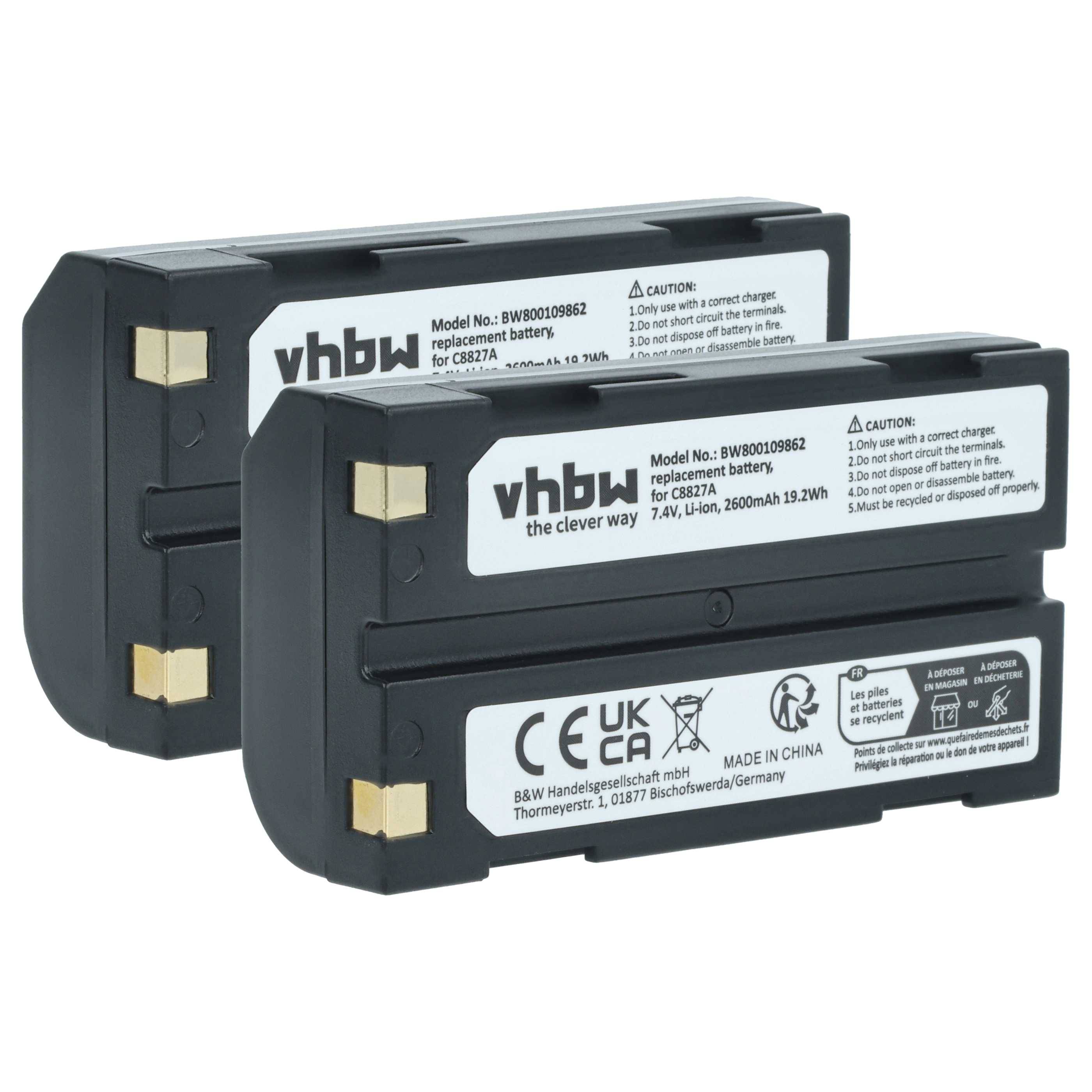 Zwei rechteckige, schwarze Lithium-Ionen-Akkus mit Etiketten, die das Modell BW800109662, 7,4V, 2800mAh angeben.