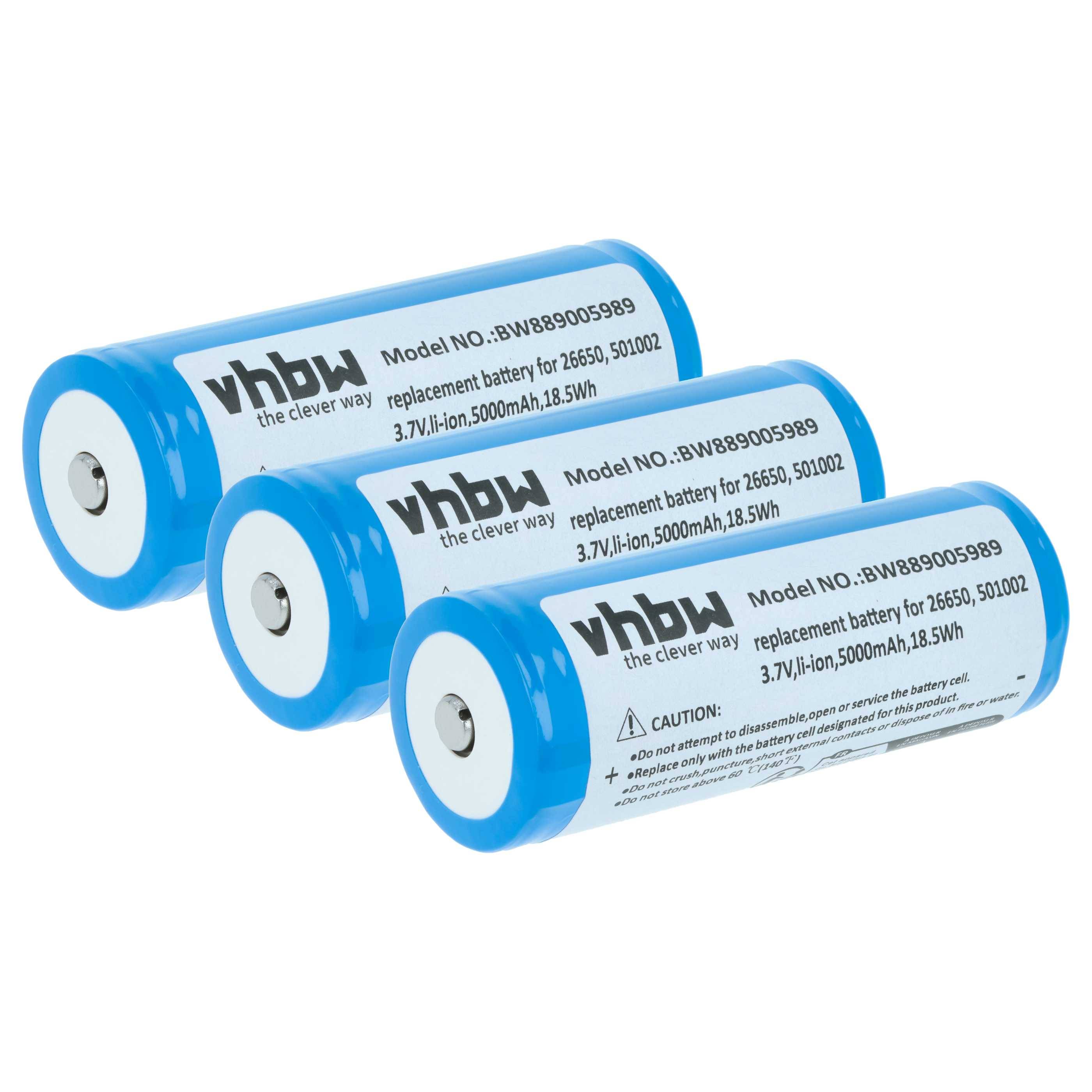 Drei blaue zylindrische Batterien mit der Beschriftung 'vhbw' mit folgenden Spezifikationen: Modell-Nr.: BWB990059983, 3,7V, Li-Ion, 5000mAh, 18,5Wh.