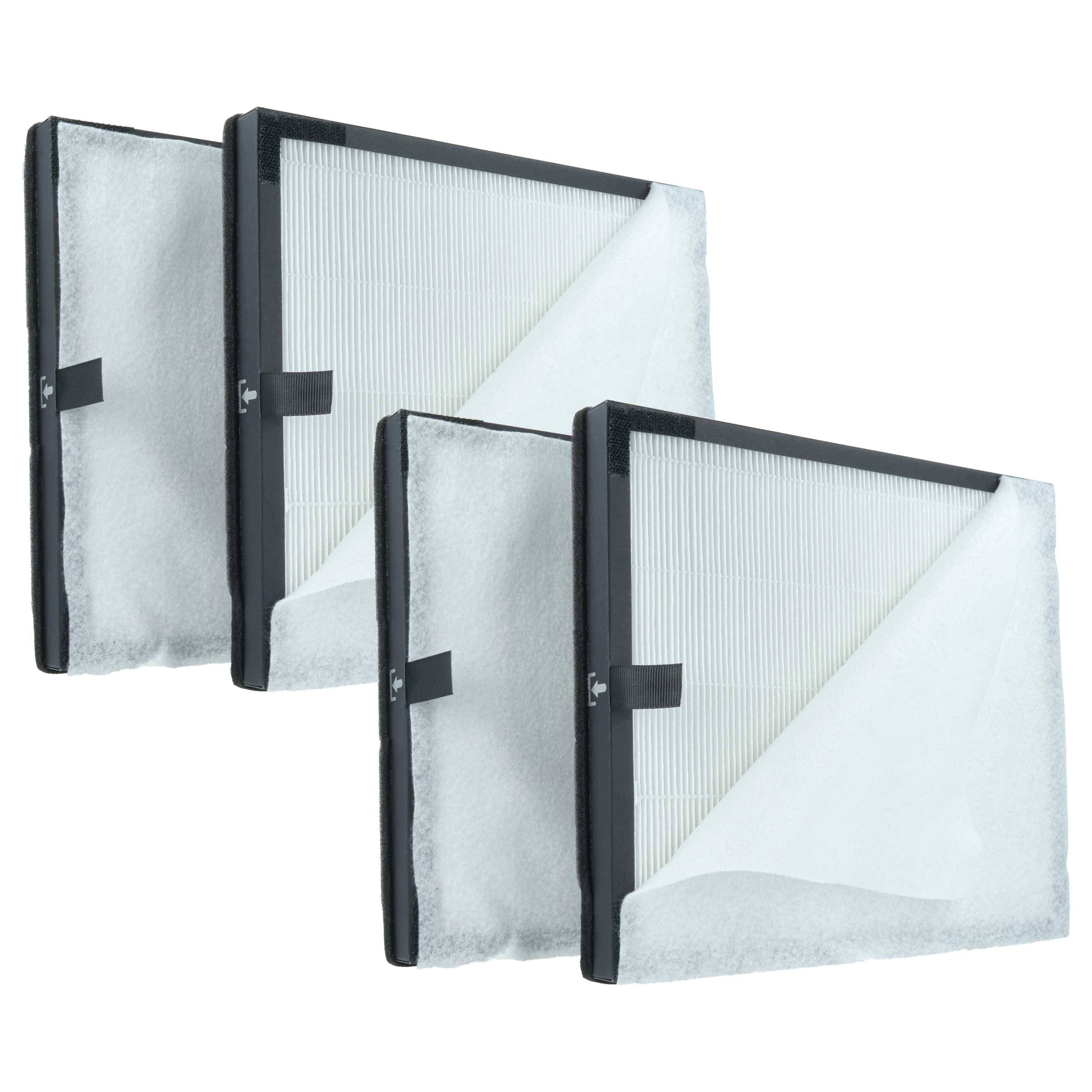 Drei Luftfilterpaneele werden in einem Winkel gezeigt, wobei jedes teilweise von einer weißen, lichtdurchlässigen Folie bedeckt ist. Die Filter sind in einer Reihe ausgerichtet.