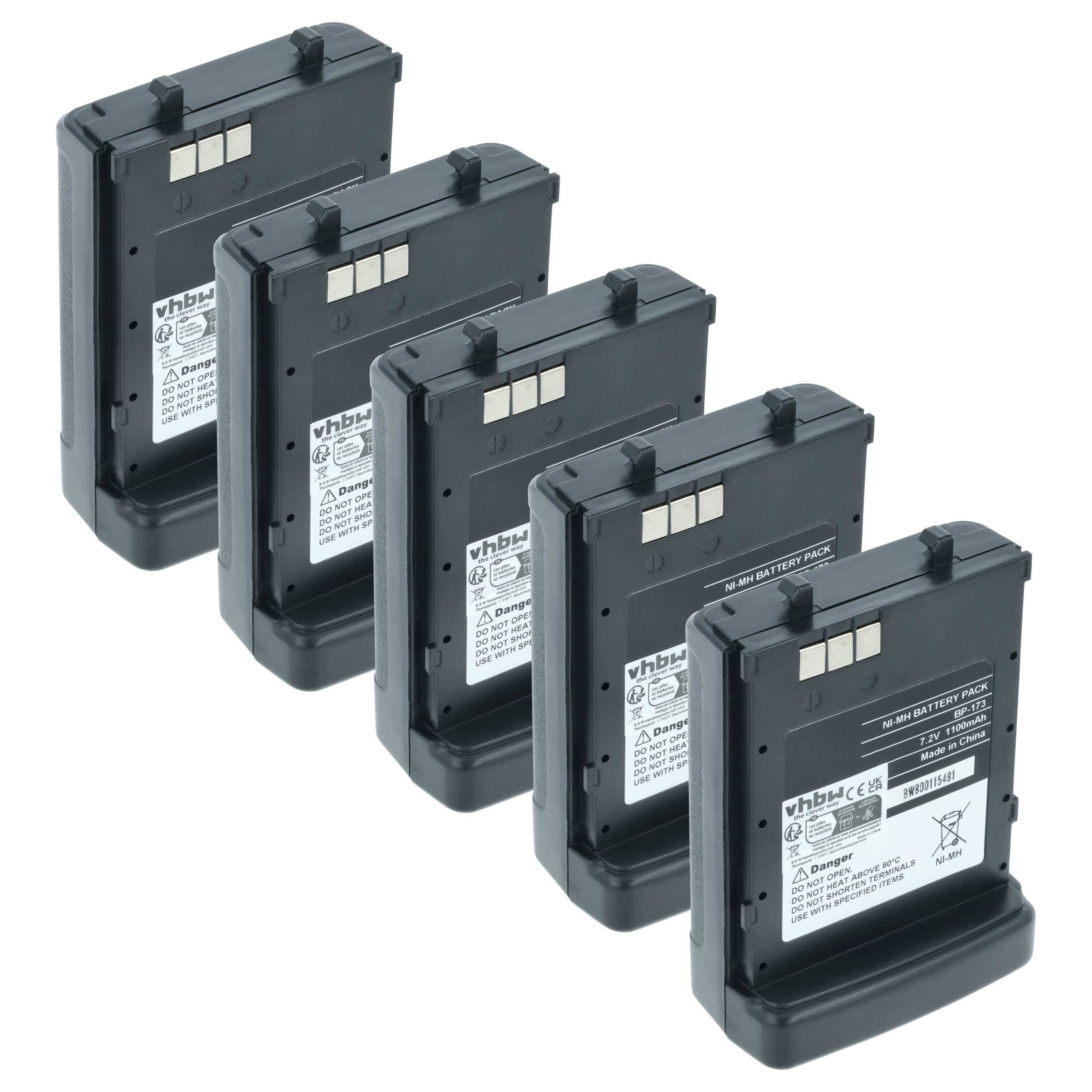 Fünf schwarze wiederaufladbare Akkupacks sind nebeneinander aufgereiht, wobei jeder mit Etiketten und Markierungen versehen ist, die Spezifikationen und Marke angeben und auf ein Elektronikzubehör hinweisen.