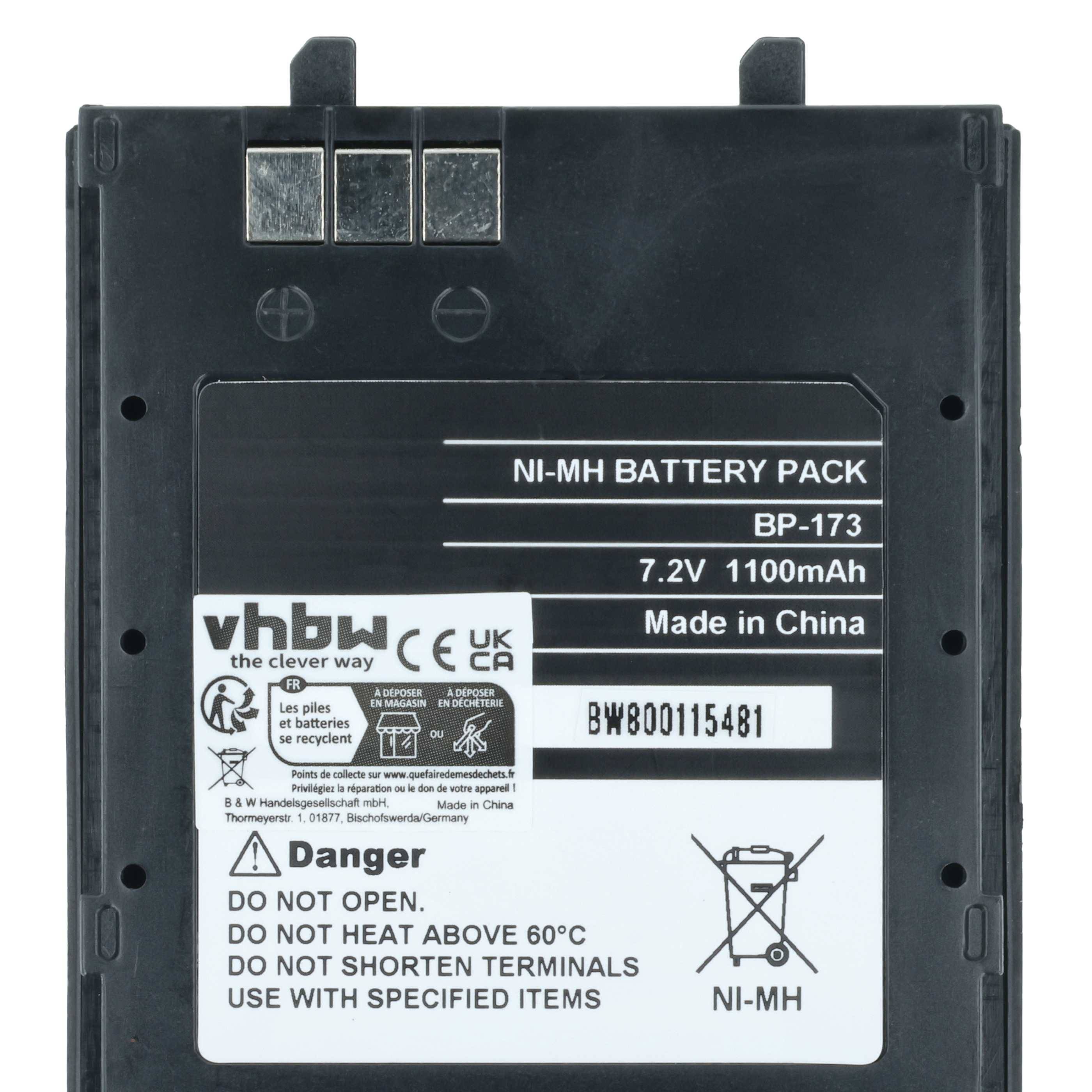 Ein schwarzes rechteckiges Batterieset mit der Bezeichnung „NI-MH BATTERY PACK BP-173