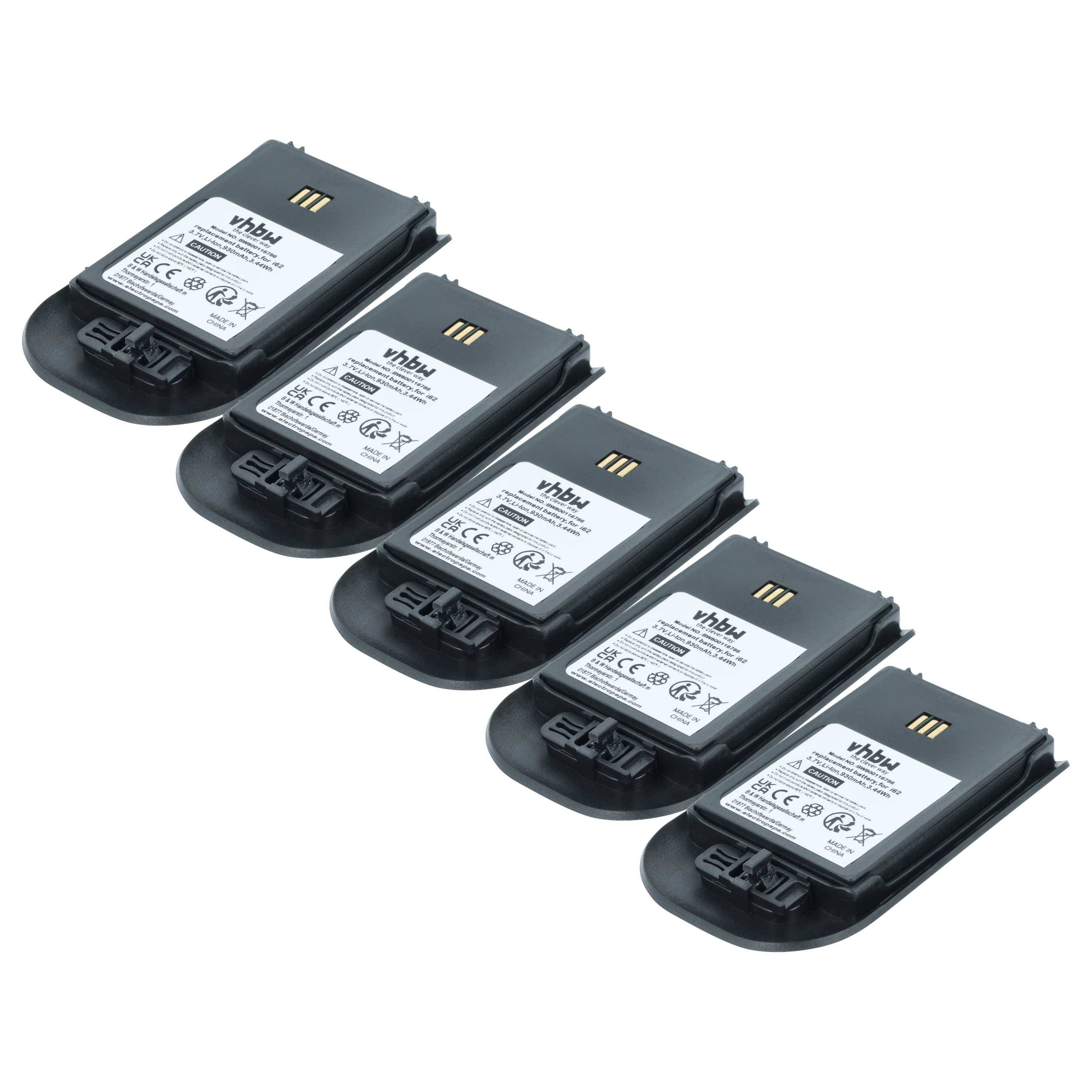 Fünf wiederaufladbare Batterien, in einer Reihe ausgerichtet, wobei jede mit Spezifikationen und einem kleinen Logo beschriftet ist.