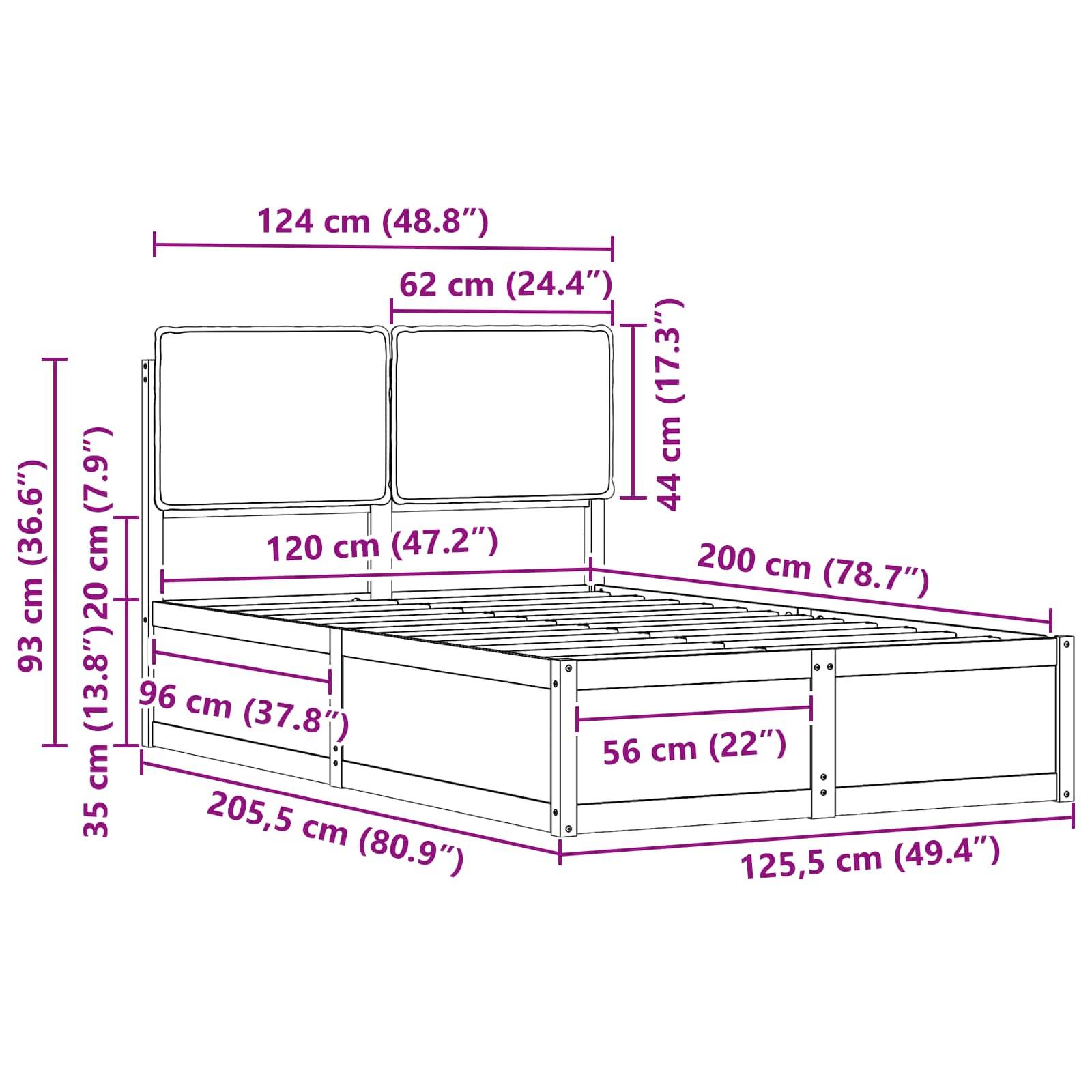 Bettrahmen-Abmessungen: 120 cm breit x 200 cm lang, 35 cm hoch. Höhe des Kopfteils: 93 cm. Seitenansicht zeigt Maßangaben.
