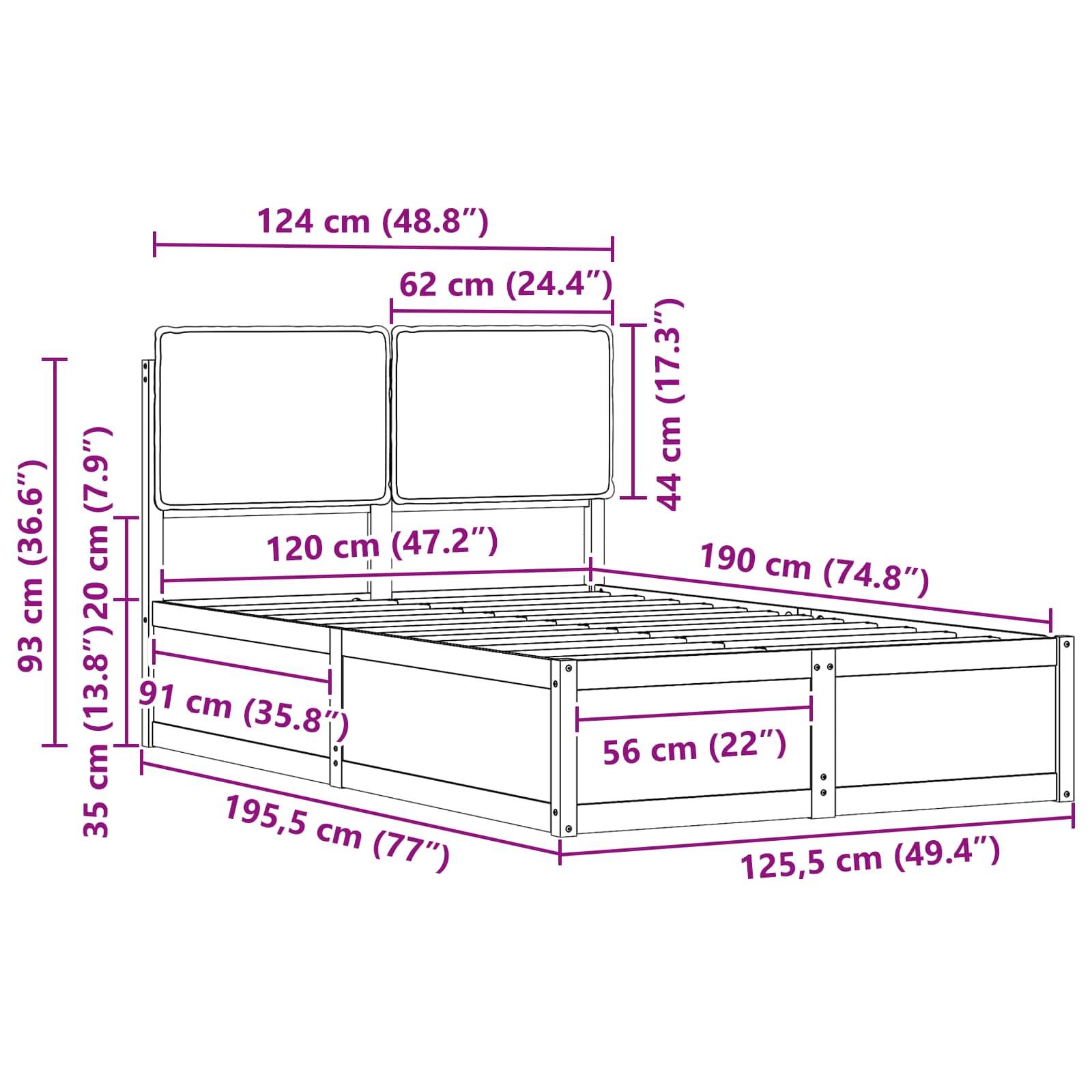 Darstellung eines Bettgestells mit beschrifteten Abmessungen: Länge 190 cm, Breite 124 cm, Höhe 93 cm; zusätzliche Maße für Bretter und Latten enthalten.