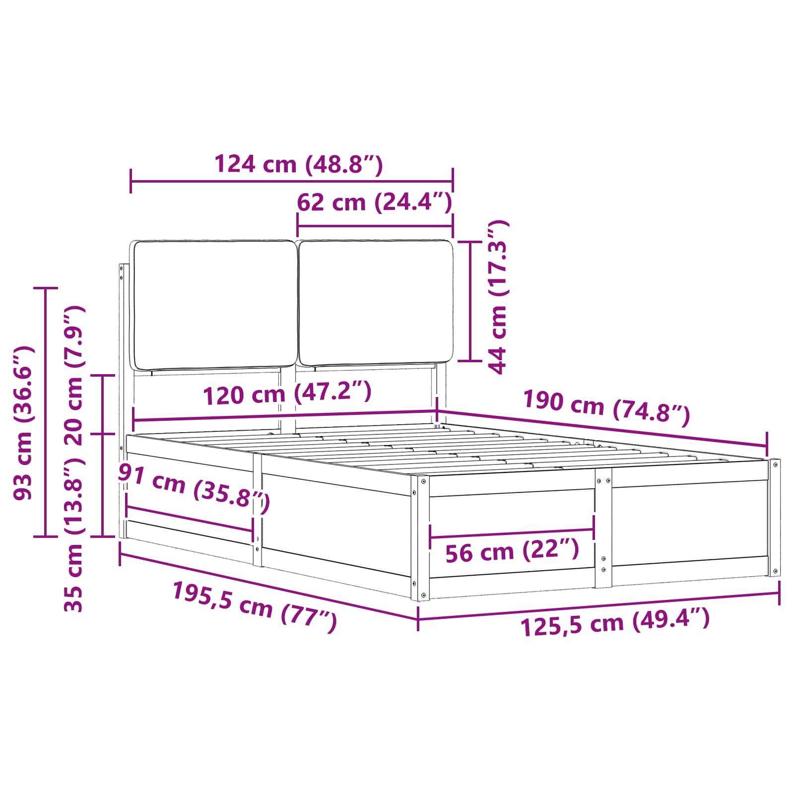 Diagramm eines Bettgestells mit Maßangaben: Höhe 93 cm (36,6