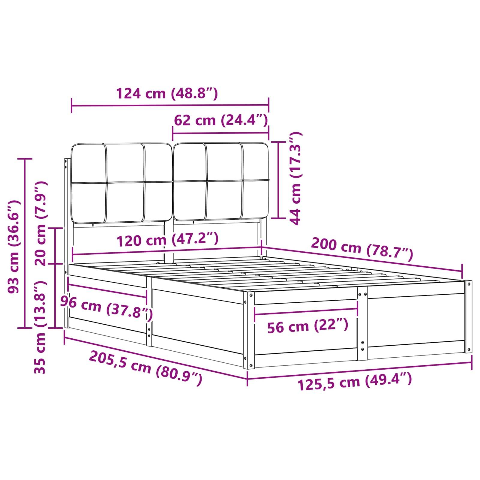 Diagramm eines Bettgestells mit detaillierten Maßangaben: Breite 120 cm (47,2