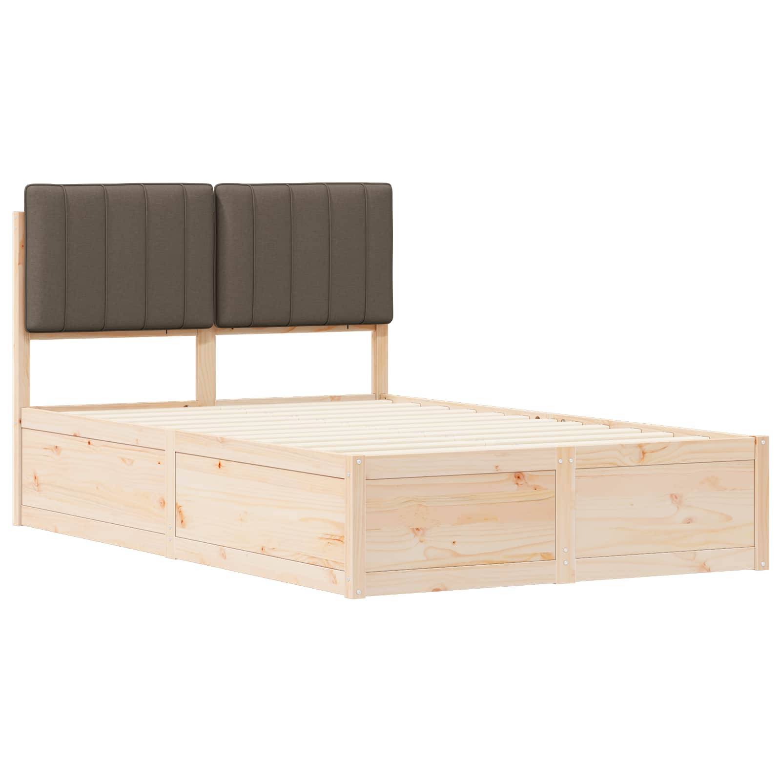 Holzbettgestell mit einer hellen Beschichtung und zwei dunklen gepolsterten Kopfteilen. Das Design ist schlicht und modern.