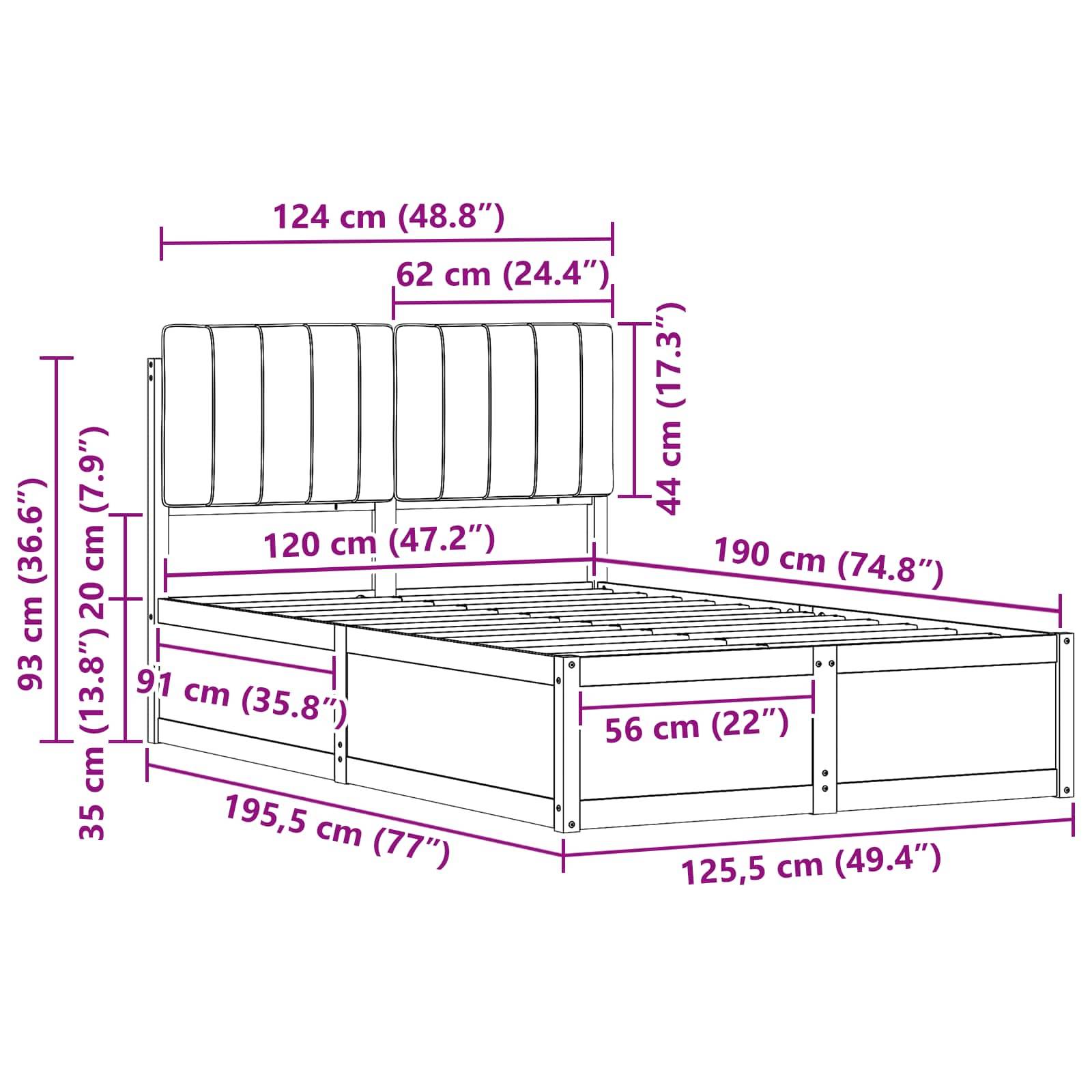 Bettrahmen für Doppelbett (Queen-Size) Abmessungen: Gesamtlänge 195,5 cm, Breite 124 cm, Höhe 93 cm. Matratzenbereich 190 cm x 120 cm. Höhe des Kopfteils 44 cm.