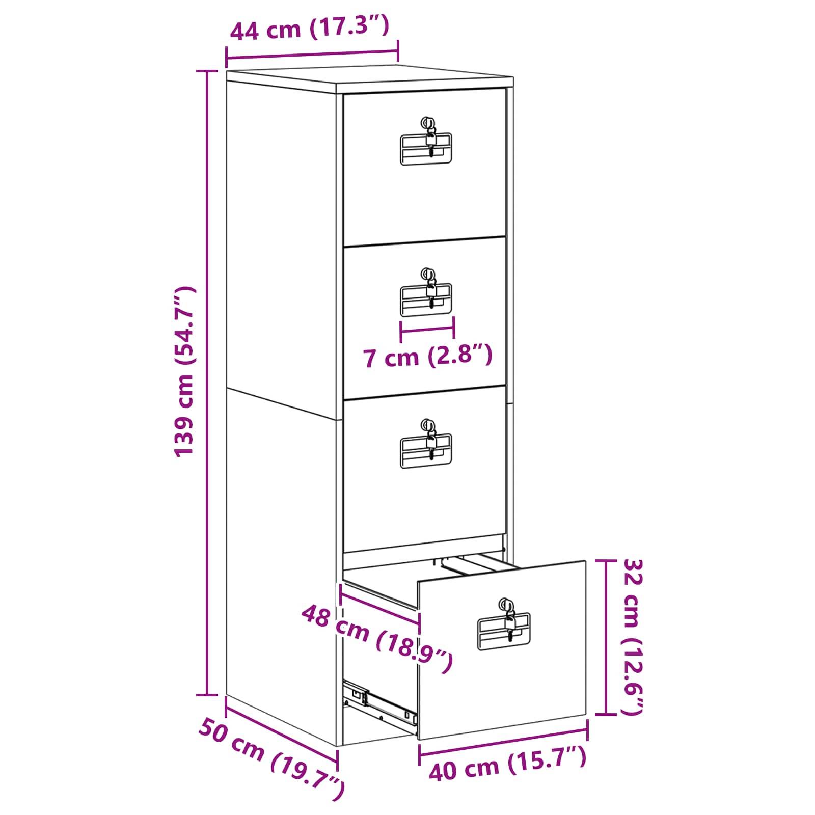 Öffnen Sie den Aktenschrank mit drei geschlossenen Schubladen und einer offenen Schublade. Maße: Höhe 139 cm, Breite 40 cm und Tiefe 50 cm.