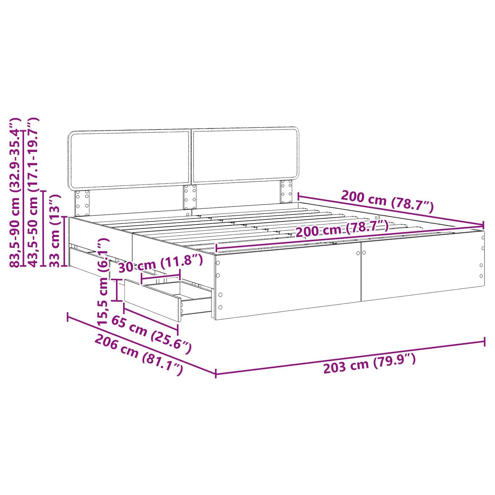 Eine dimensionierte Skizze eines Bettes mit Kopfteil. Das Bett misst 200 cm x 200 cm, mit Gesamtabmessungen von 206 cm x 203 cm. Die Höhe variiert von 35 cm bis 90 cm.
