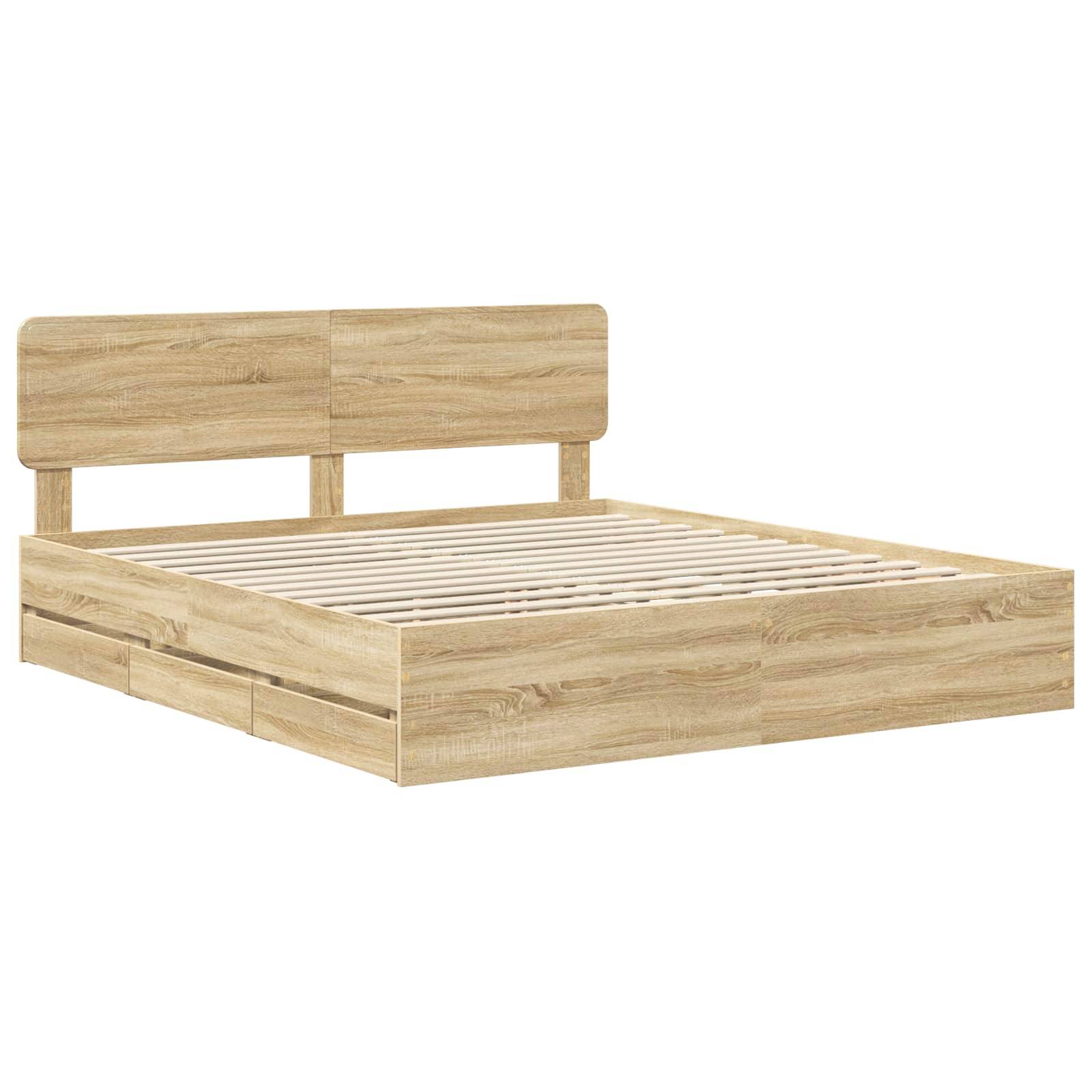 Ein Holzbettgestell mit Lattenrost und rechteckigem Kopfteil. Das helle Holz weist eine natürliche Maserung auf. Keine Matratze vorhanden.