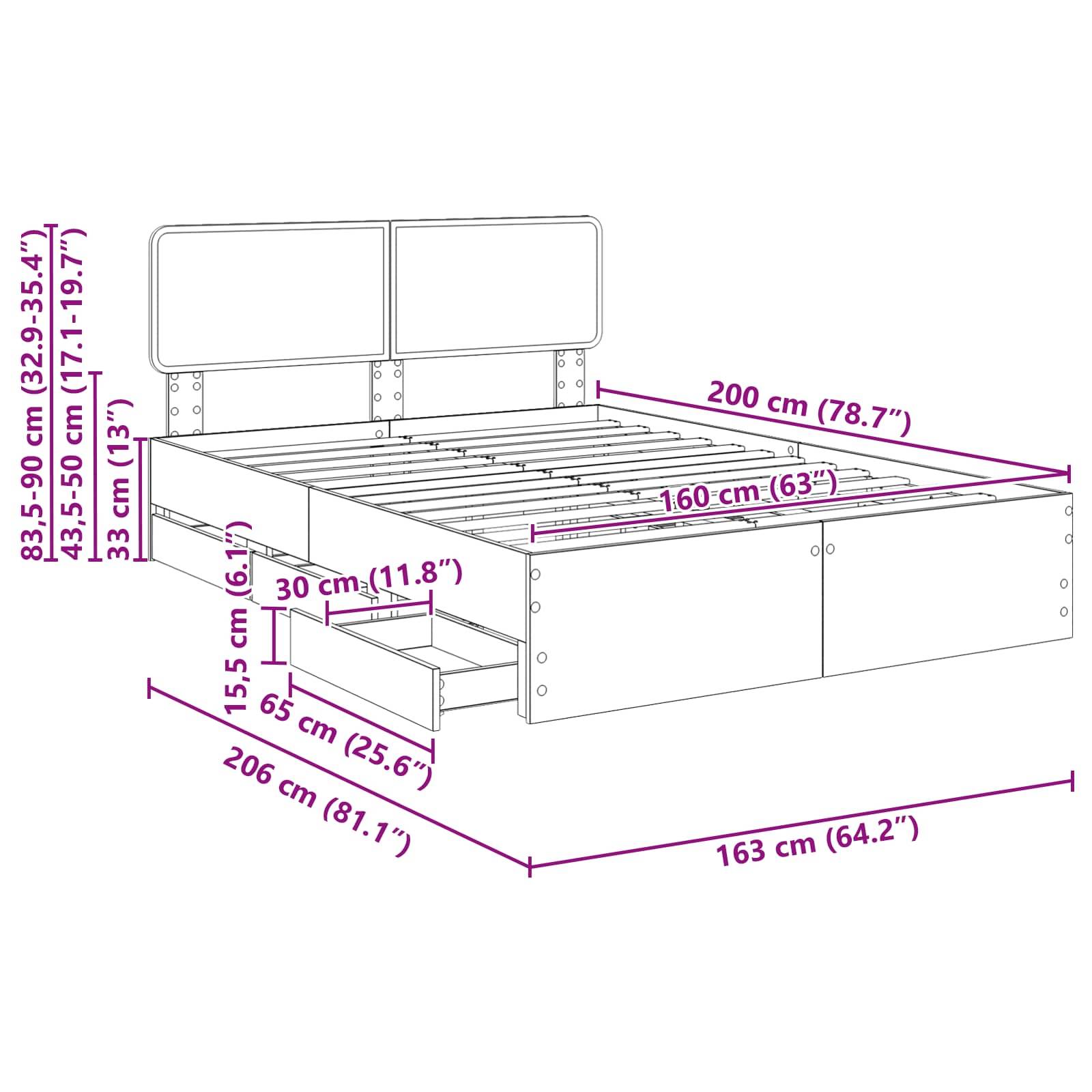 Ein Bettdiagramm mit folgenden Abmessungen: 206 cm Länge, 163 cm Breite, 15,5 cm Höhe. Kopfteil höhenverstellbar zwischen 83,5-95 cm. Inklusive Unterbett-Aufbewahrungsschubladen, 3 cm über dem Boden.