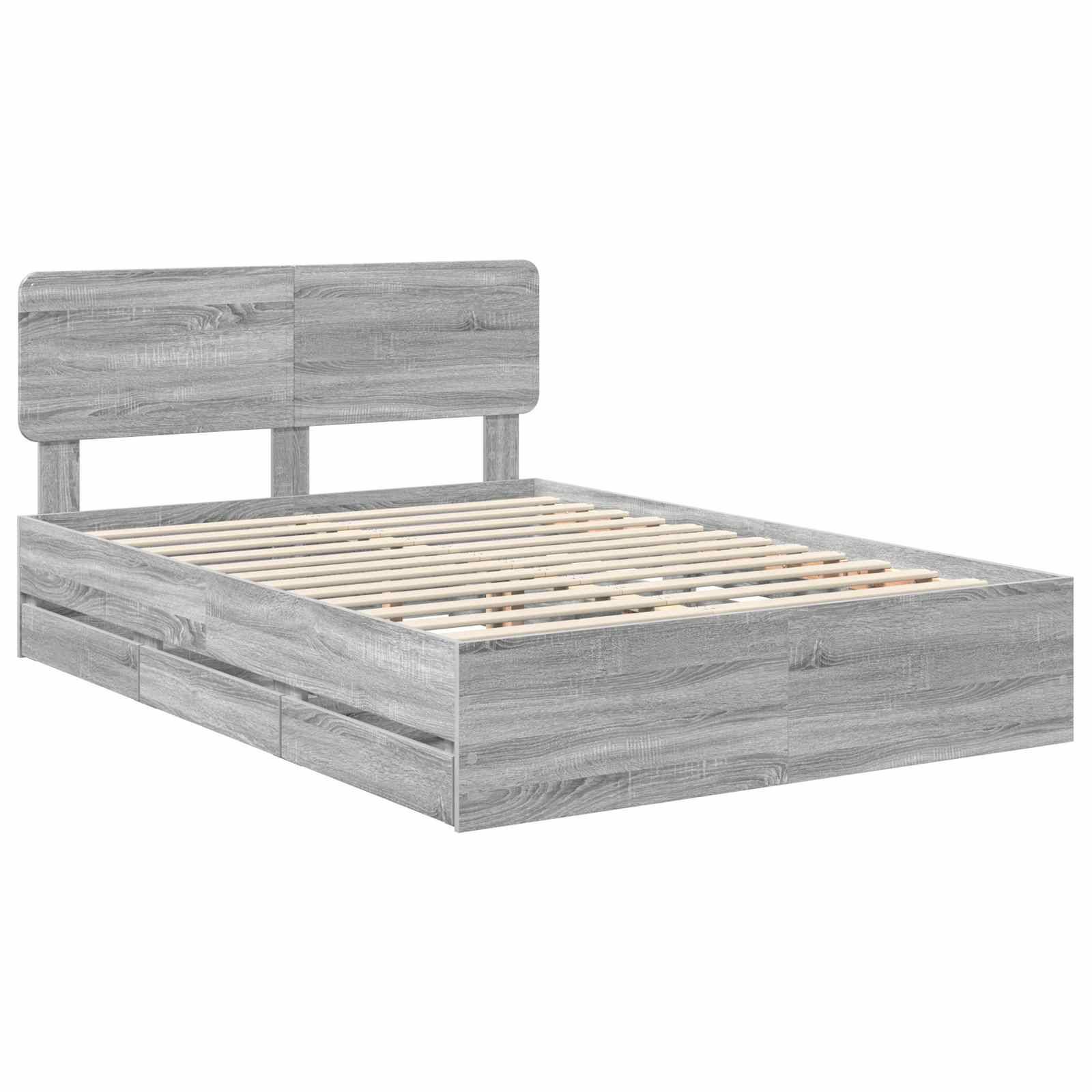 Ein Holzbettgestell mit grauer Beschichtung, ausgestattet mit einem hohen Kopfteil und einer Lattenrost-Basis zur Matratzenunterstützung.