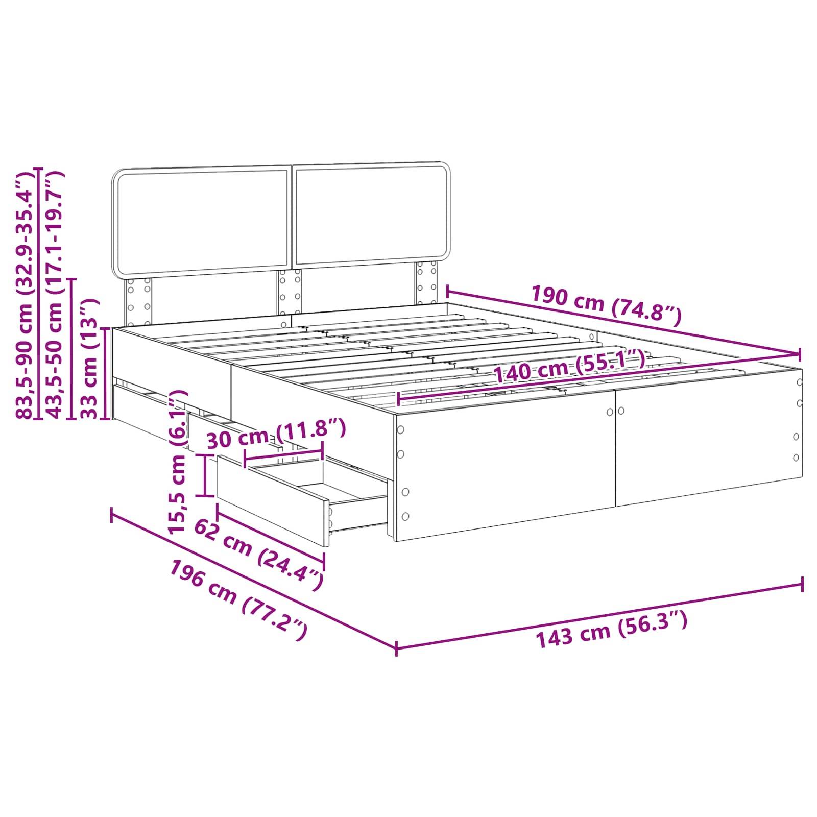 Diagramm eines Bettgestells mit Stauraum: Abmessungen 190 cm (L) x 140 cm (B), höhenverstellbar von 83,5 bis 90 cm. Ausgestattet mit 3 unteren Schubladen.