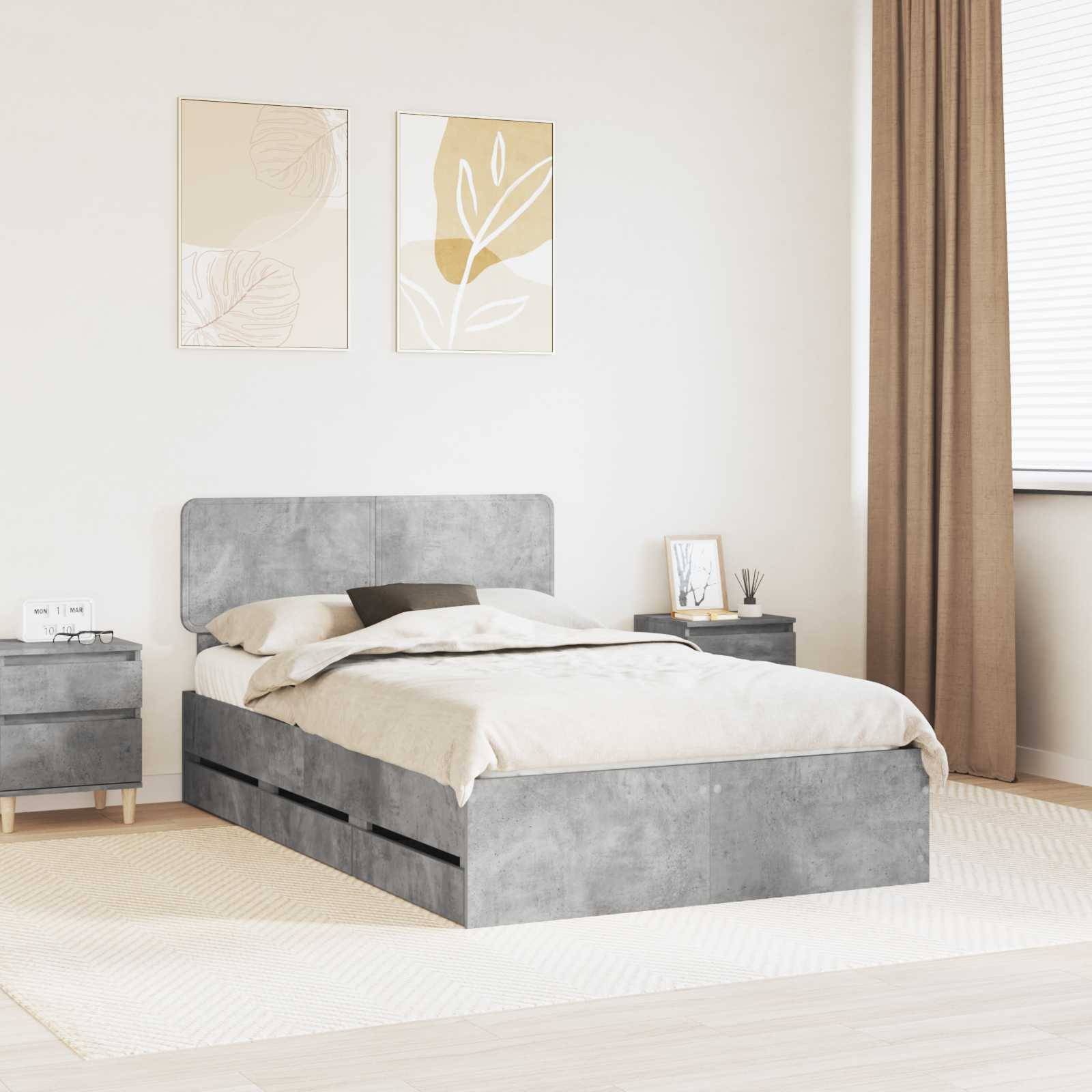 vidaXL Bettrahmen mit Schubladen Betongrau 135 x 190 cm Holzwerkstoff