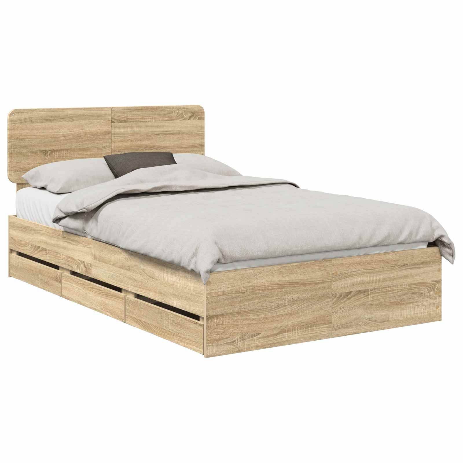 Ein Holzbett mit Kopfteil, weißer Bettwäsche und seitlichen Aufbewahrungsschubladen. Das Bett ist aus hellem Holz gefertigt und wirkt modern und funktional.
