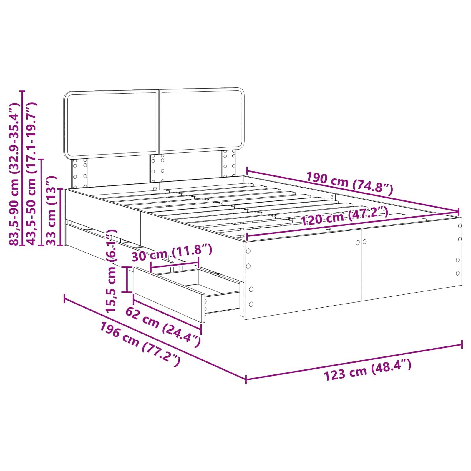 Diagramm eines Bettgestells mit Aufbewahrungsschubladen, mit folgenden Maßen: Höhe 83,5-90 cm, Breite 190 cm, Länge 196 cm. Die Schubladen sind 30 cm hoch.