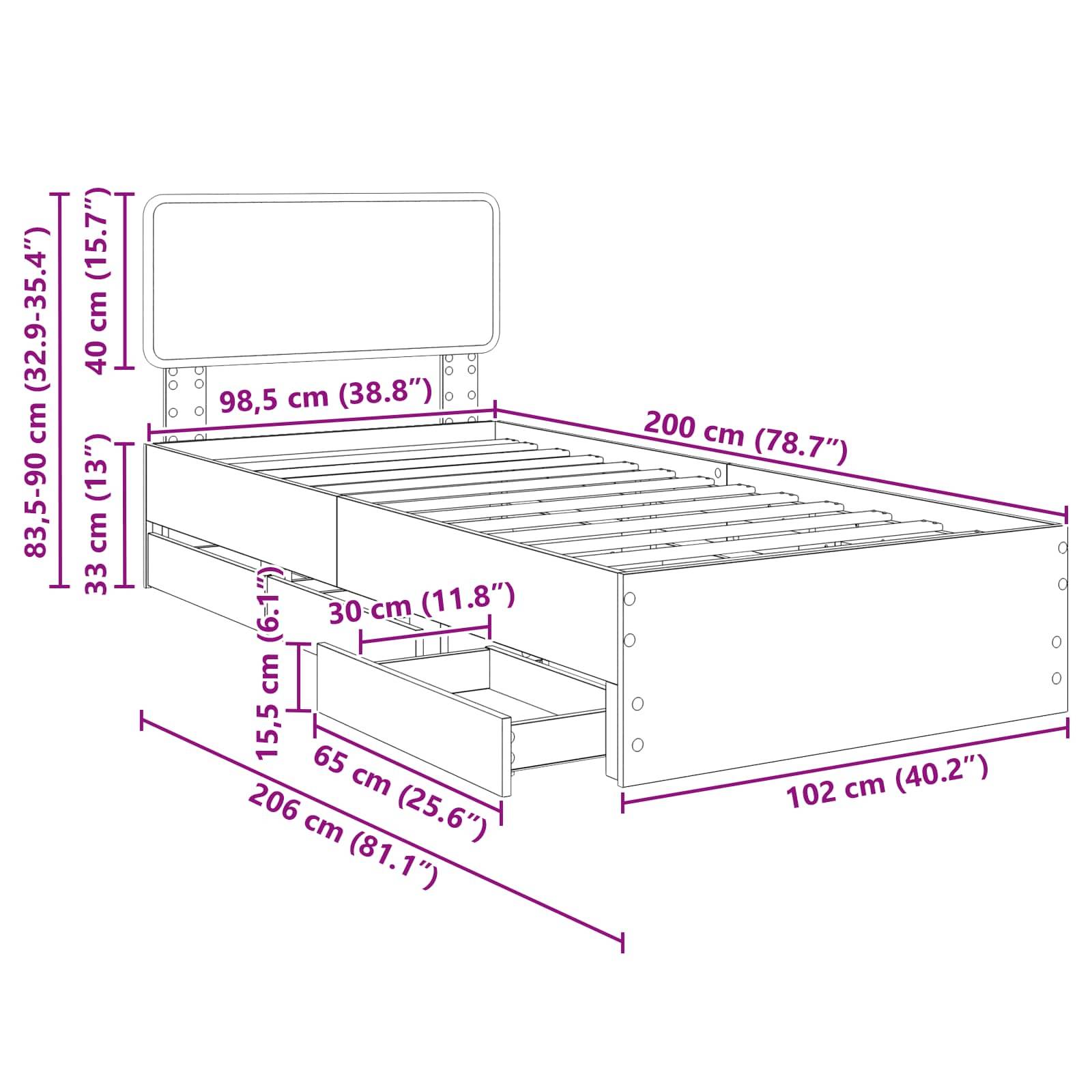 Ein Bettgestell mit folgenden Maßen: Länge 200 cm, Breite 98,5 cm und Höhe 83-90 cm. Beinhaltet 65 cm ausziehbare Schubladen darunter.