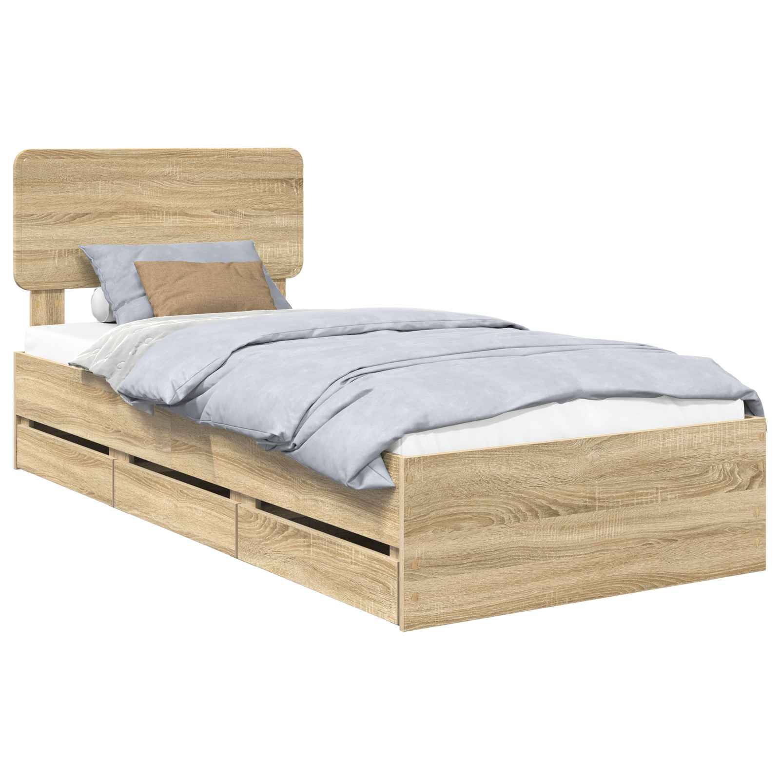 Ein Holz-Einzelbett mit Staurageschubladen darunter, bedeckt mit hellblauer Bettwäsche und einem braunen Kissen, präsentiert vor einem schlichten Hintergrund.