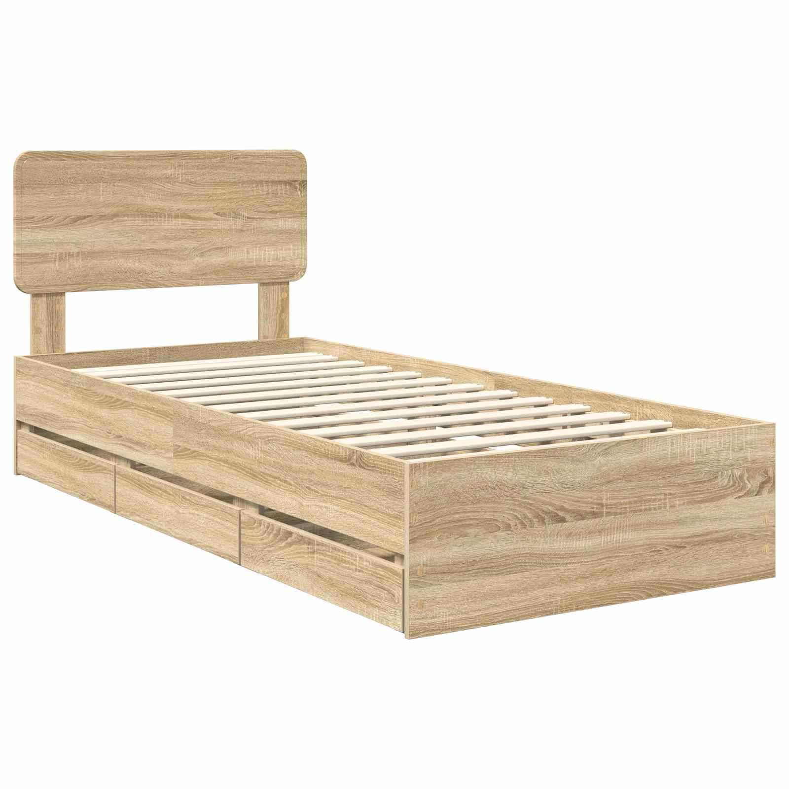 Holz-Einzelbettrahmen mit Kopfteil und integrierten Schubladen unter dem Bett, in natürlicher Eichenoptik.