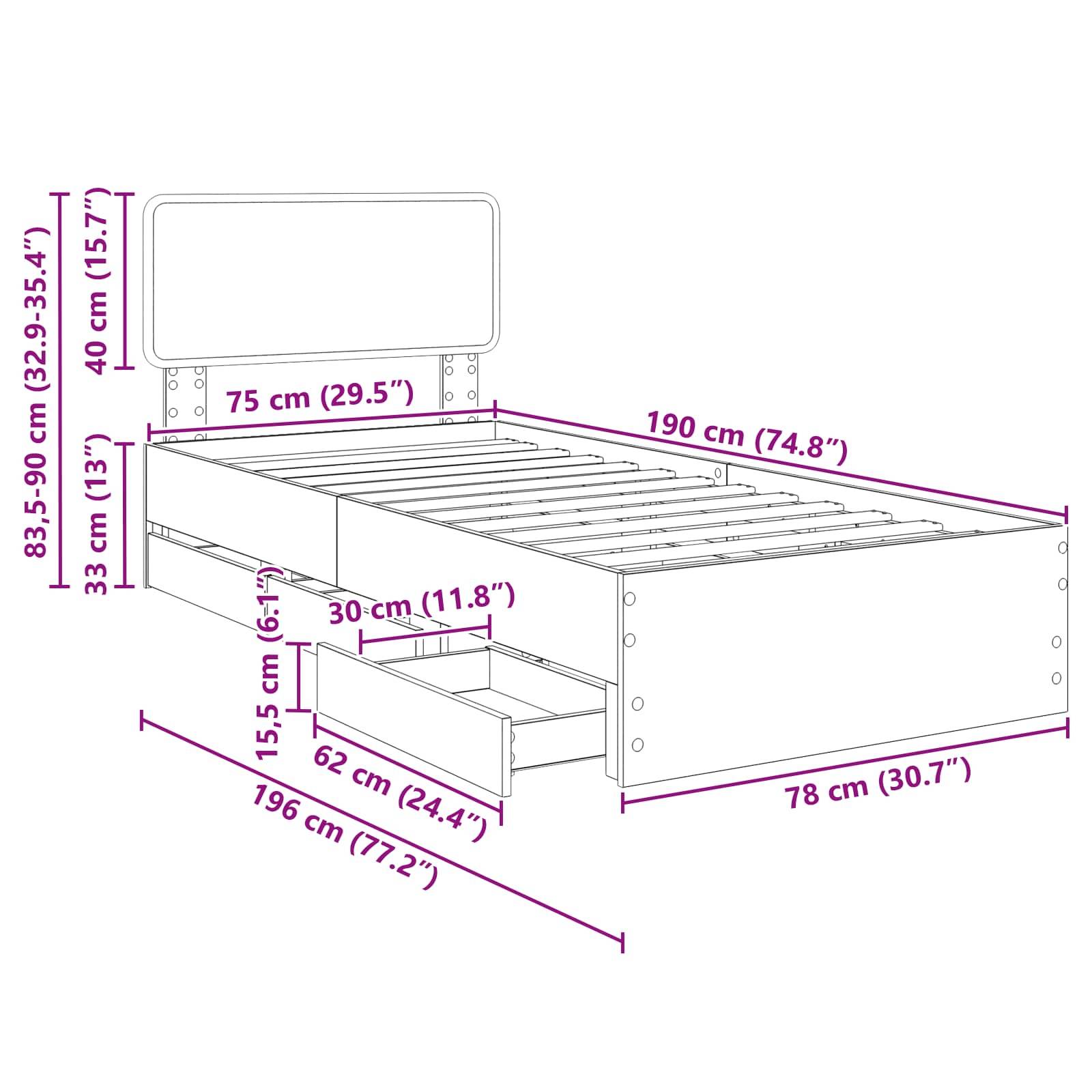 Bettrahmen-Diagramm mit Maßen: Höhe 83-90 cm (32,9-35,4