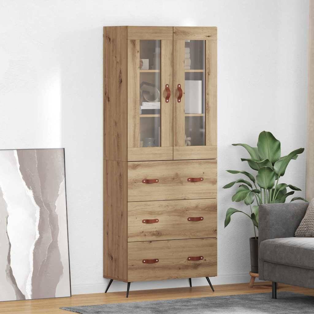 Hoher Holzschrank mit verglasten Obertüren und drei unteren Schubladen, neben einer Wand mit einem abstrakten Gemälde platziert. Eine grüne Pflanze sitzt neben einem grauen Sofa als Dekoration.