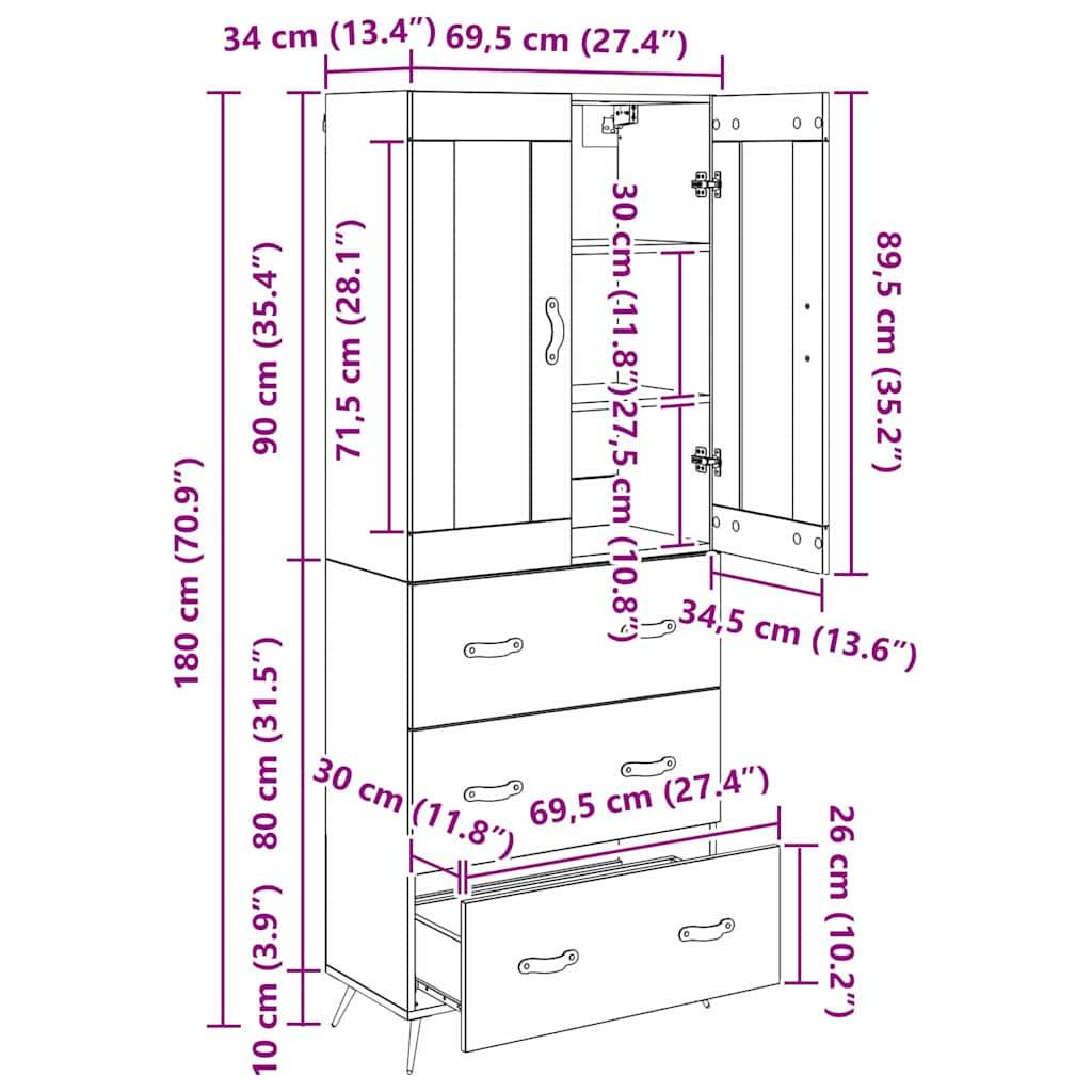 Eine Skizze eines hohen Kleiderschranks mit Innenabteilen und Abmessungen: 180 cm hoch, Schubladen 80 cm breit, 34 cm tief.