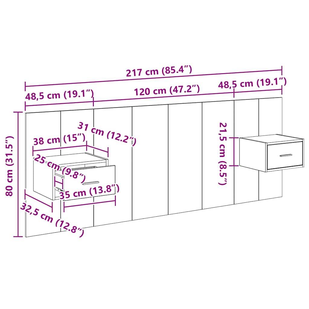 Schrank-Diagramm mit Abmessungen: Gesamtbreite 217 cm, Höhe 80 cm, Tiefe 35 cm. Obere Abschnitte jeweils 48,5 cm, mittlerer Abschnitt 120 cm.