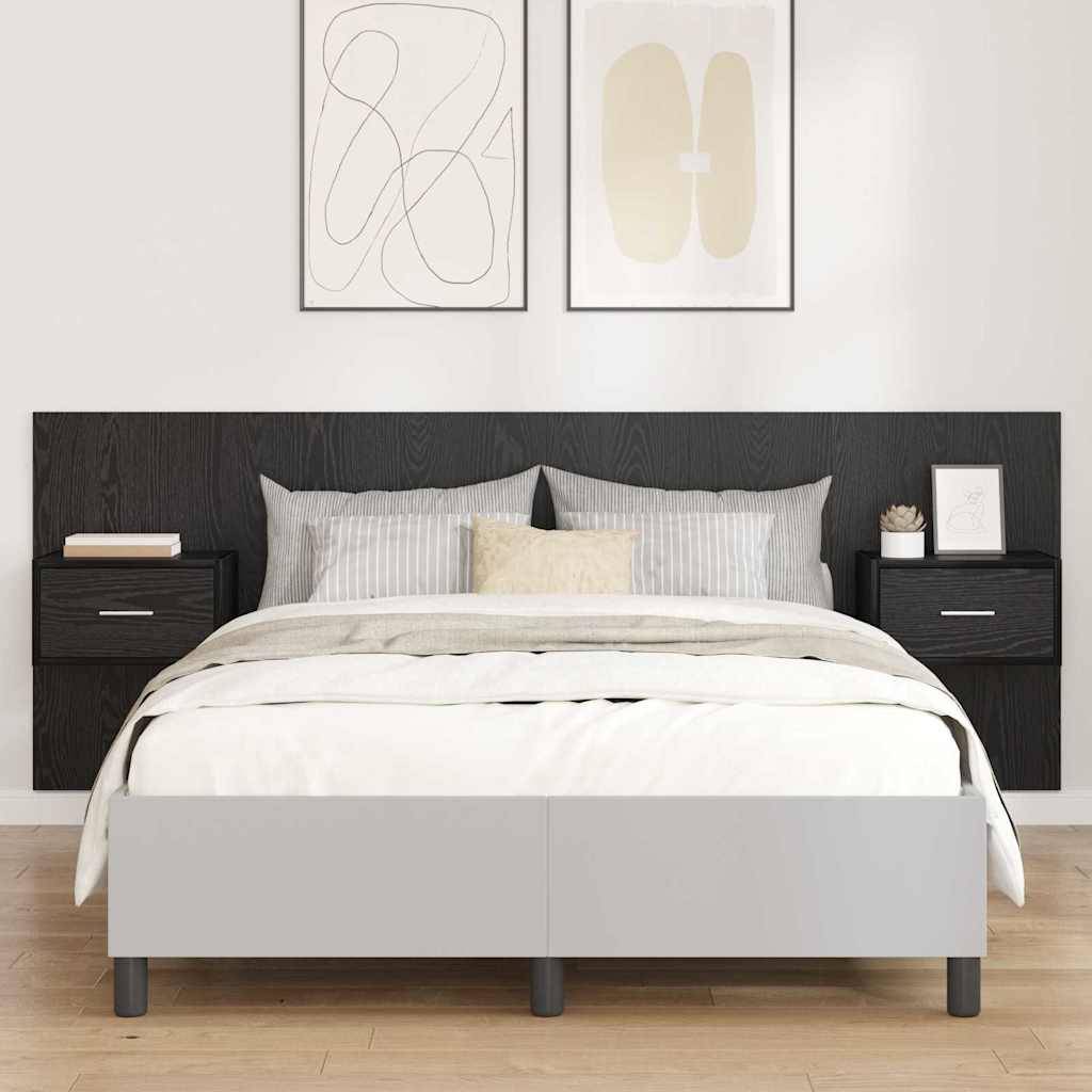 Ein modernes Schlafzimmer mit einem ordentlich gemachten Bett, einem dunklen Holzkopfteil, Wandkunst und Nachttischen, die einen klaren und minimalistischen Stil schaffen.