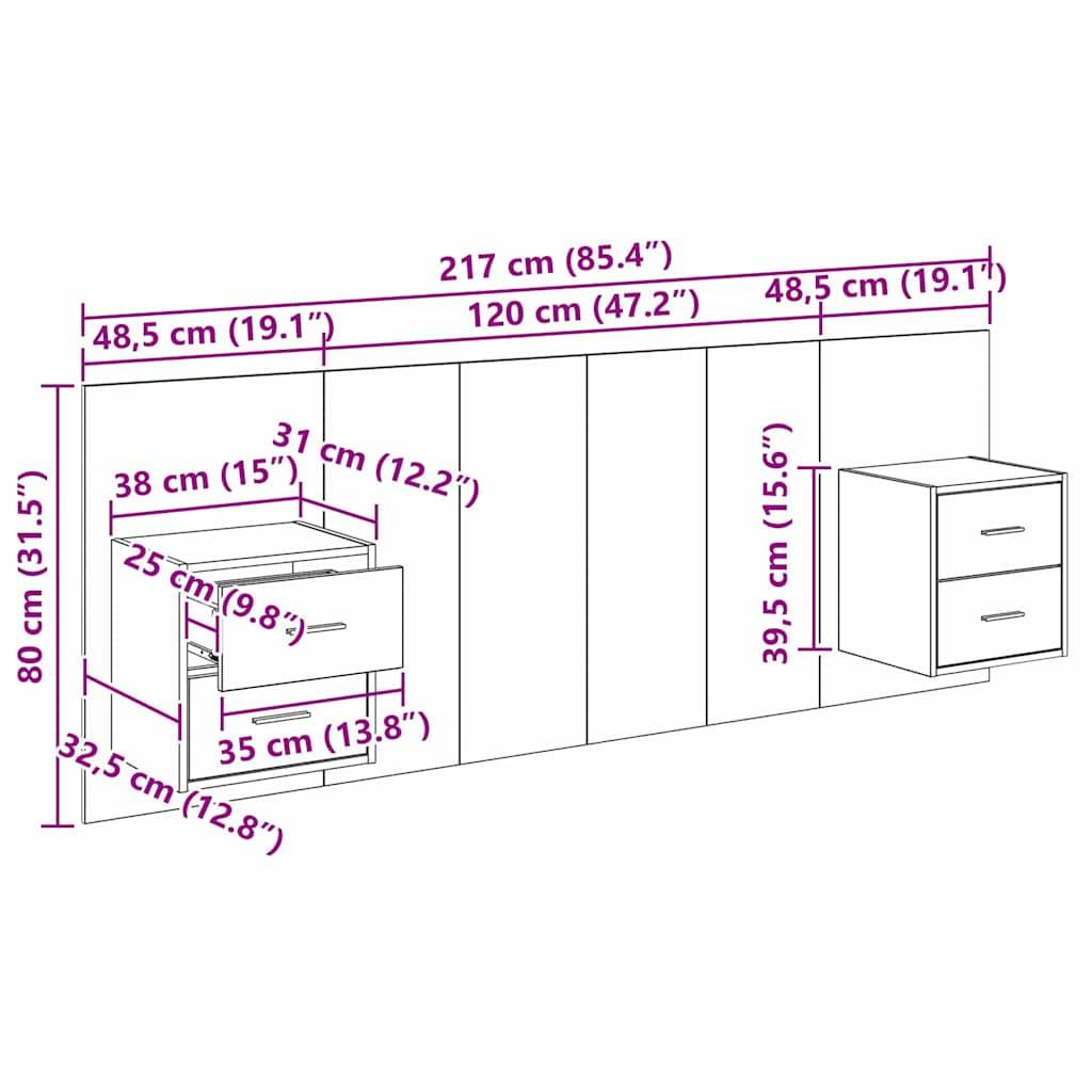 Diagramm von Büromöbeln mit Maßangaben: 217 cm breit, 80 cm hoch. Beinhaltet Regale und Schubladen. Maße in cm/Zoll angegeben.