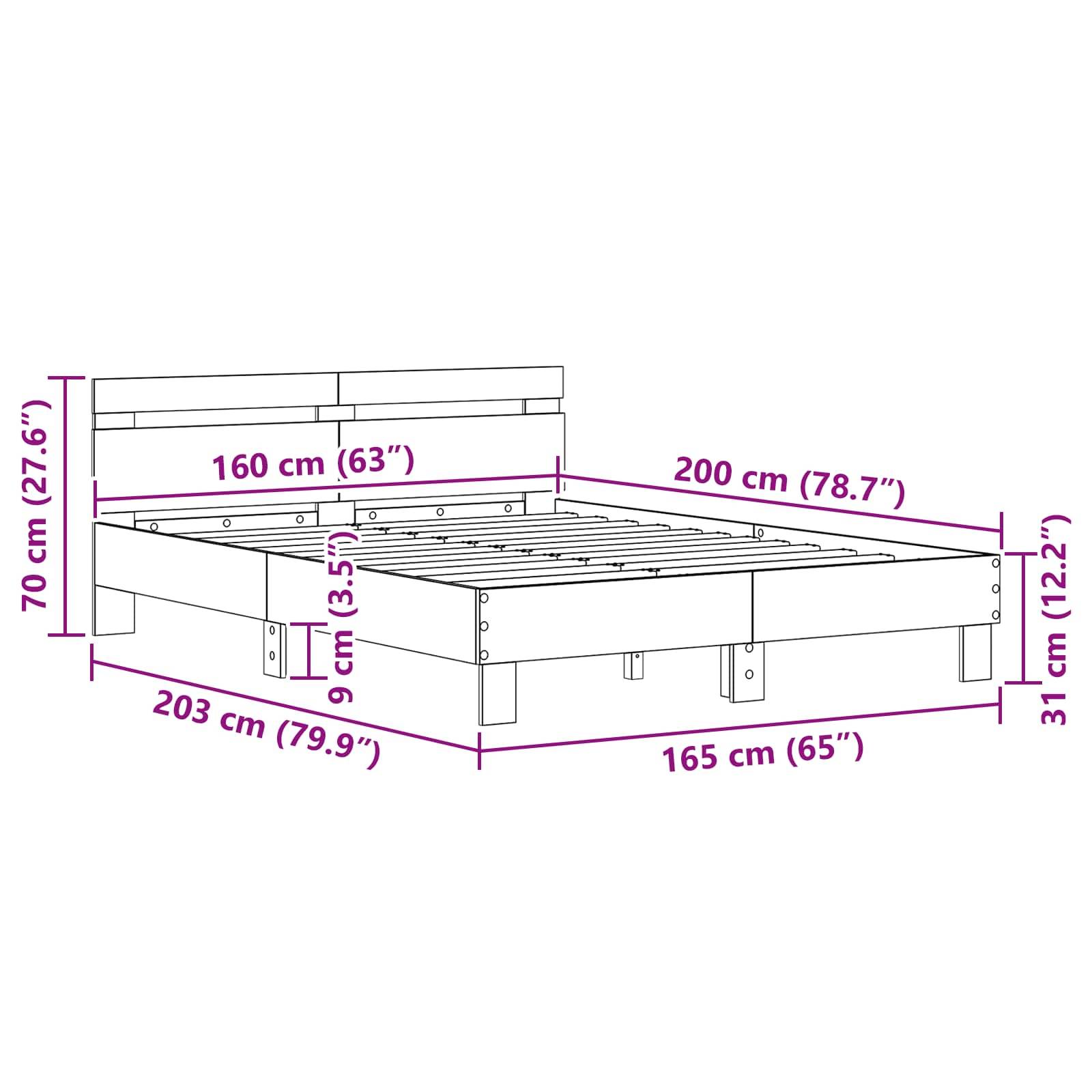 Diagramm eines Bettgestells mit Abmessungen: Höhe 70 cm (27,6