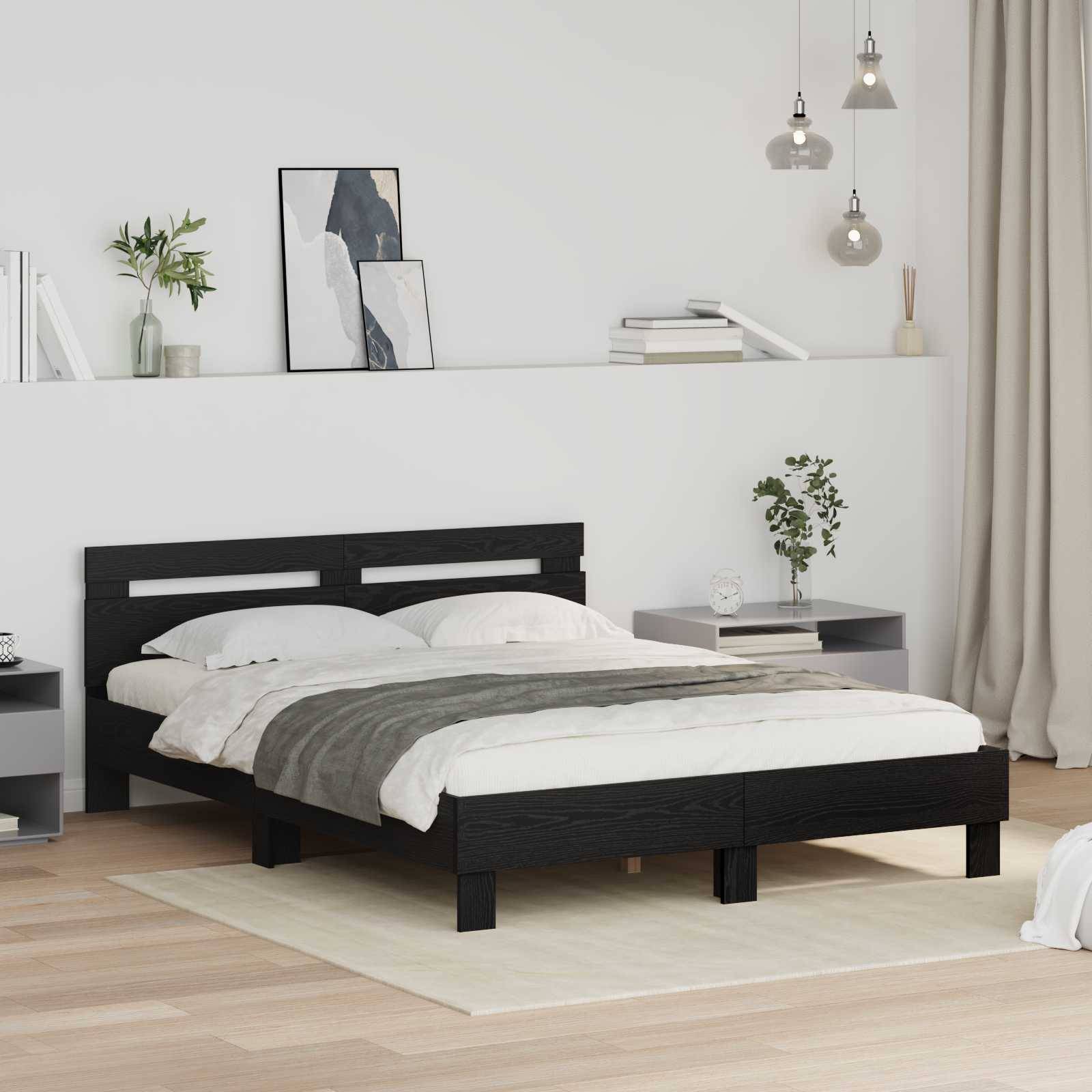 Ein modernes Schlafzimmer mit einem Bettgestell aus dunklem Holz, weißer Bettwäsche und grauen Akzenten. Wandkunst, Bücher und Pflanzen dekorieren den Raum.