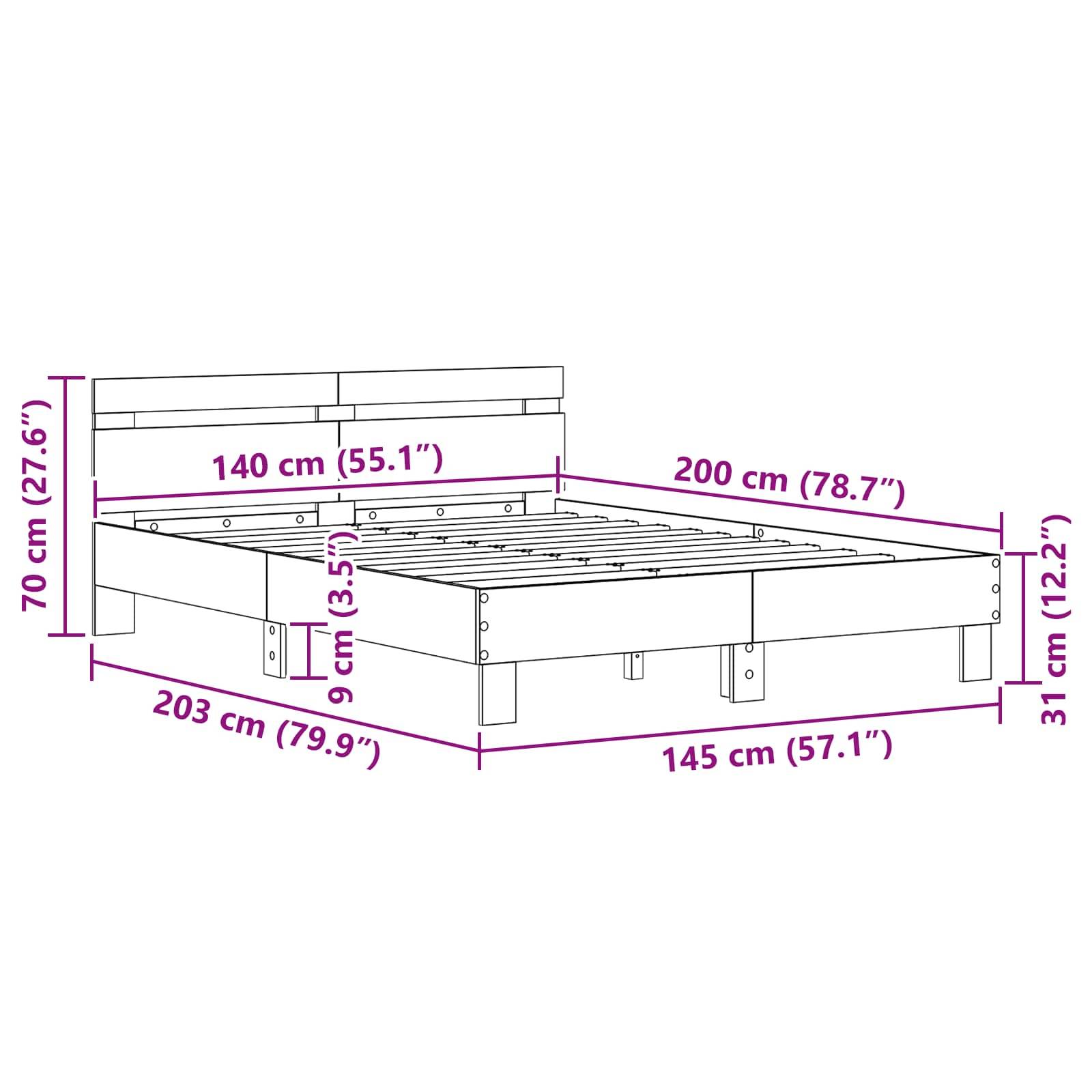 Eine Skizze eines Bettgestells mit Maßen: Höhe 70 cm, Breite 140 cm, Länge 200 cm. Zusätzliche Maße: 9 cm von Lattenrost zum Rand, Gesamthöhe mit Beinen 31 cm.