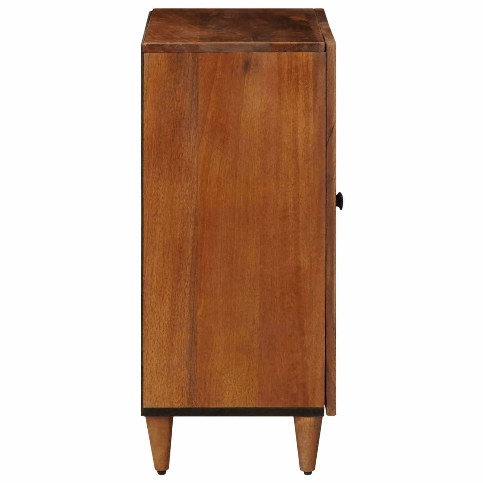 Ein Schrank im Mid-Century-Modern-Stil mit Holzoberfläche, ausgestattet mit konischen Beinen und einer glatten Seitenansicht, die sein minimalistisches Design zeigt.