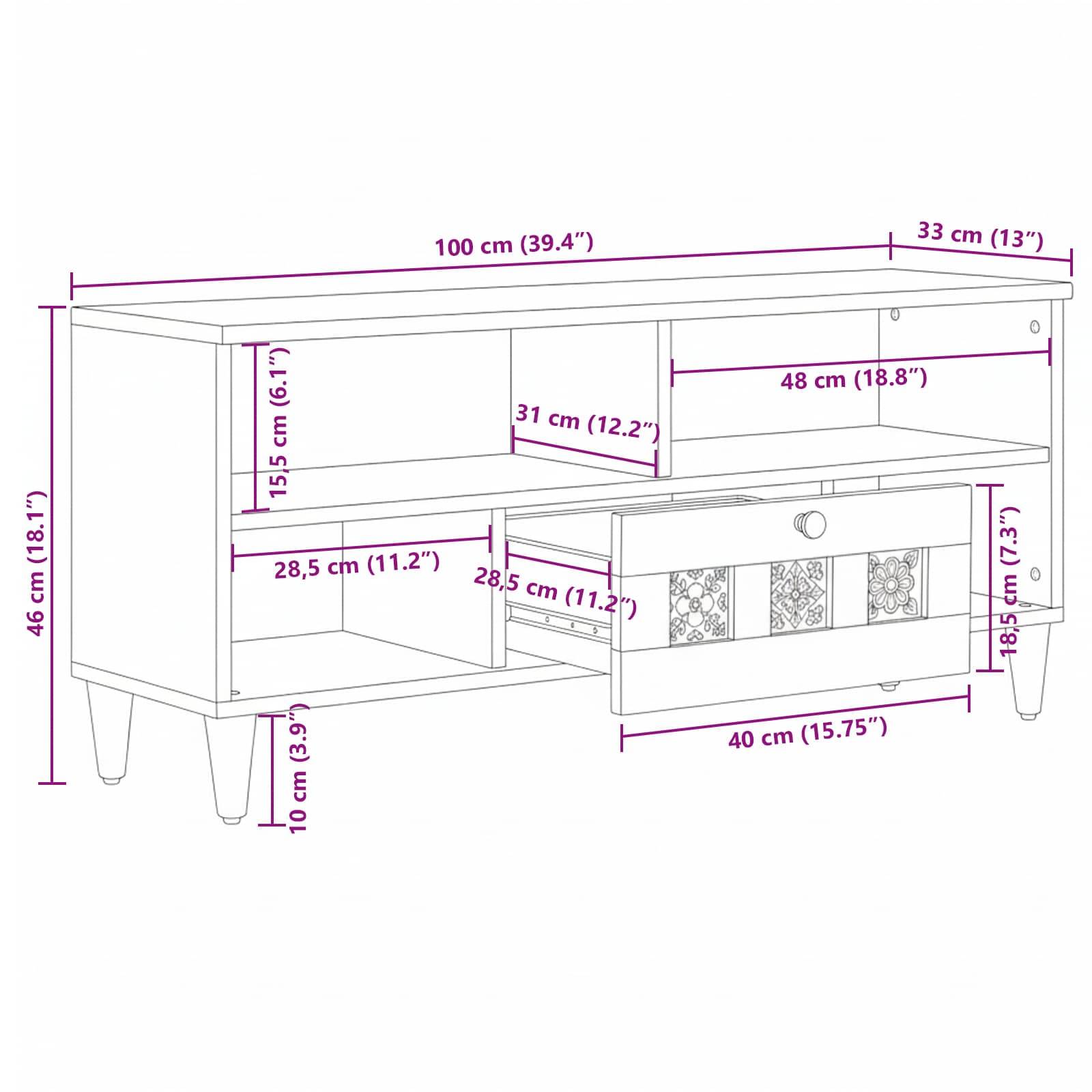 vidaXL TV-Schränk mit Regal Walnuss 100 x 33 x 46 cm Massivholz Mango