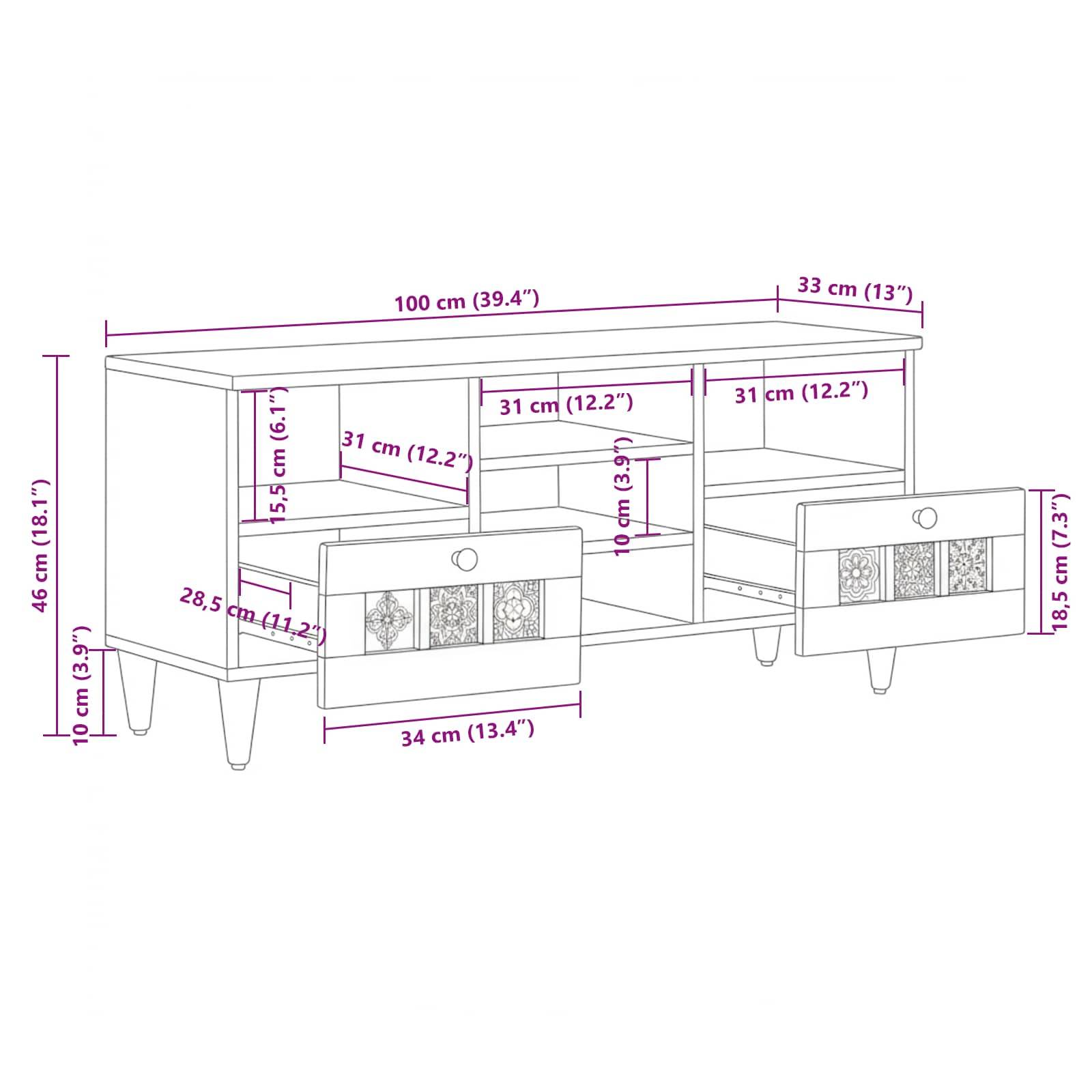 vidaXL TV-Schränk mit Regal Walnuss 100 x 33 x 46 cm Massivholz Mango