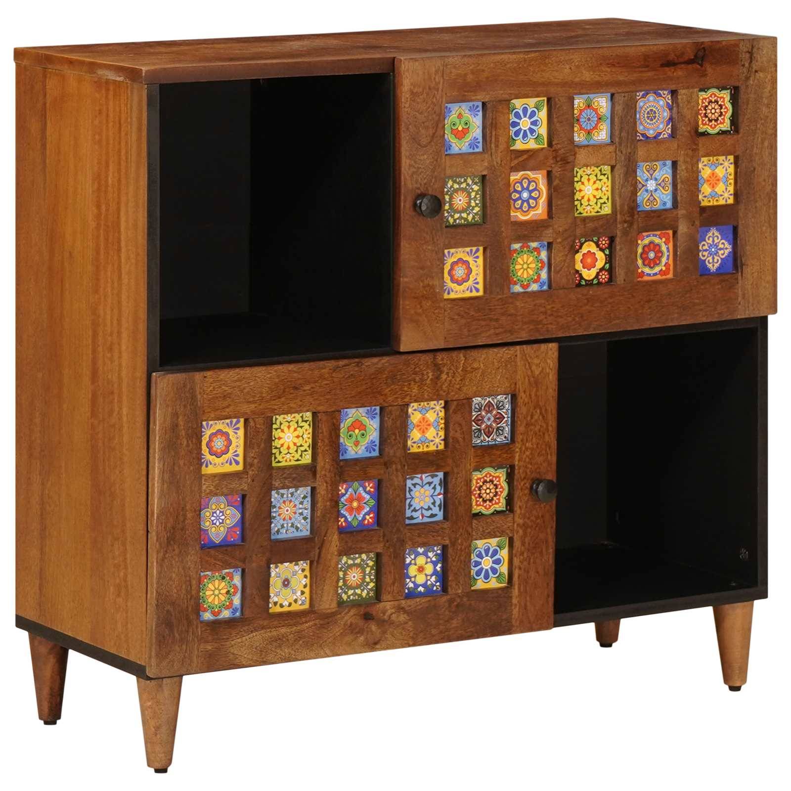 Ein Holzschrank mit zwei Fächern, von denen jedes lebhafte, mehrfarbige Fliesenmuster auf den Türen aufweist, getragen von sich verjüngenden Beinen.