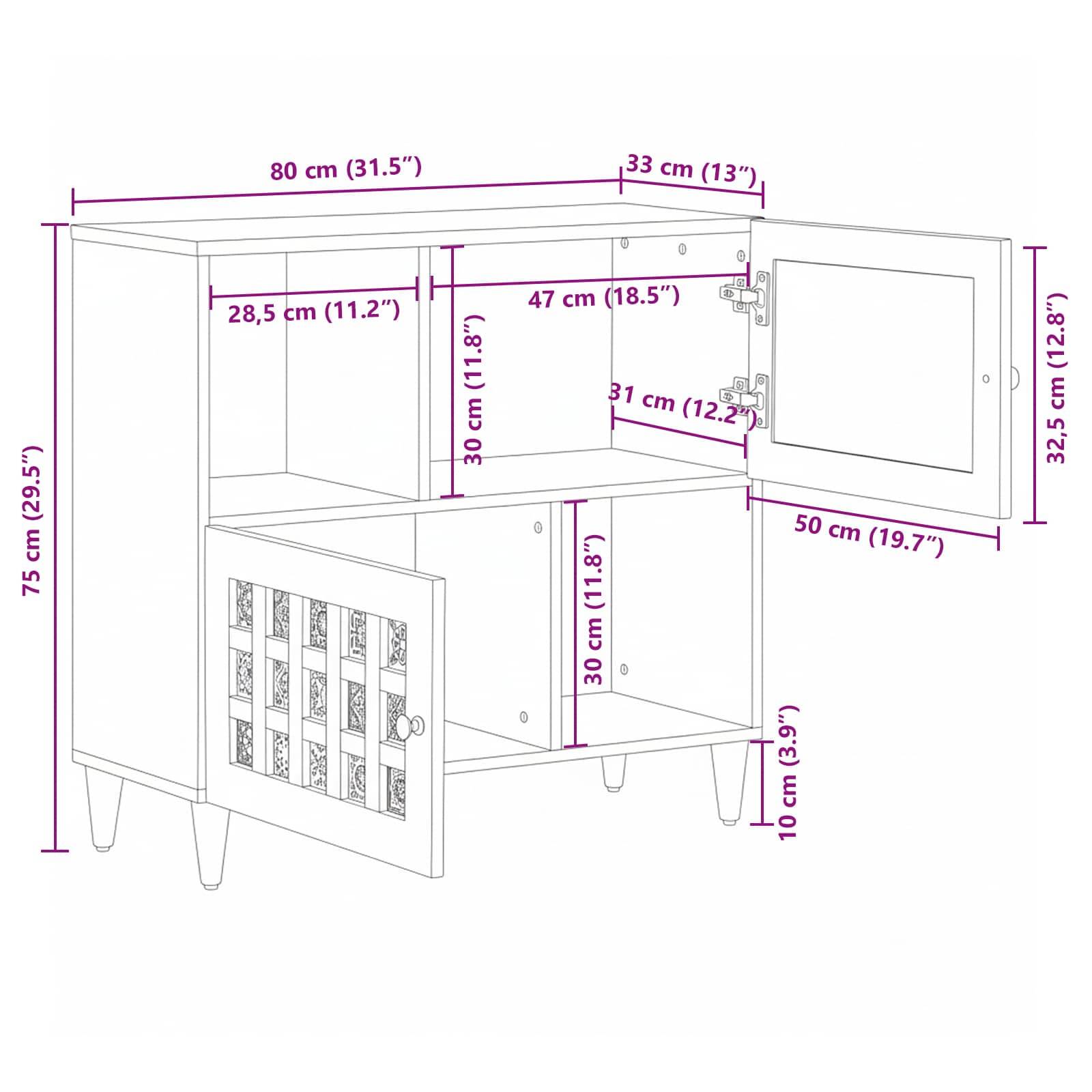 vidaXL Sideboard mit Speicher Natur 80 x 33 x 75 cm Massivholz Mango